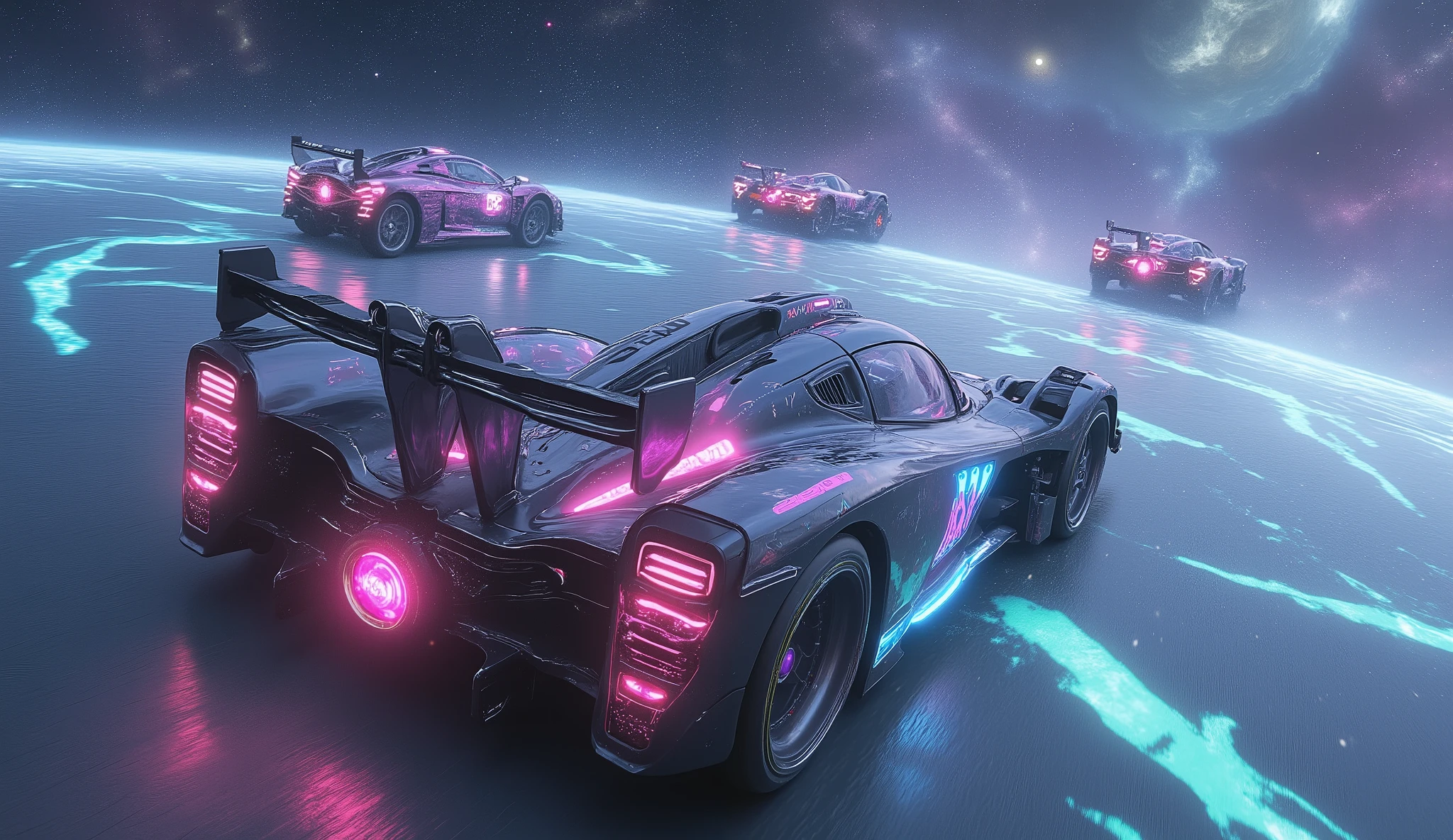 (high detail). F1 interplanetary races take place in space, the car is made in the shape of a needle, a ring with one jet engine at the back and shunting engines on the sides. Participants fly into a hologram, participant number 3 comes forward at phenomenal speed.  open space ,  far in the background , planet Saturn .