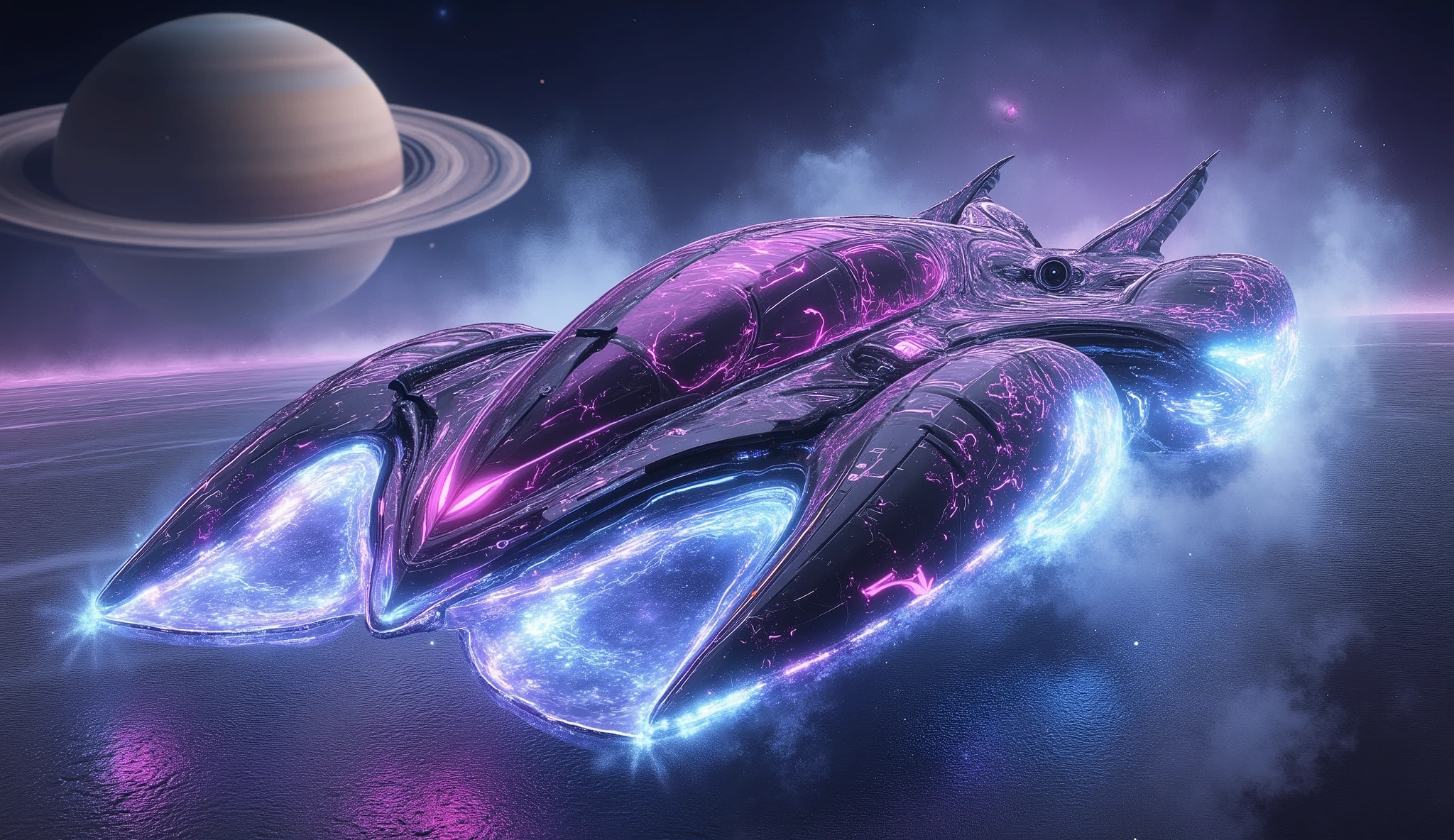 (high detail). F1 interplanetary races take place in space, the car is made in the shape of a needle, a ring with one jet engine at the back and shunting engines on the sides. Participants fly into a hologram, participant number 3 comes forward at phenomenal speed.  open space ,  far in the background , planet Saturn .