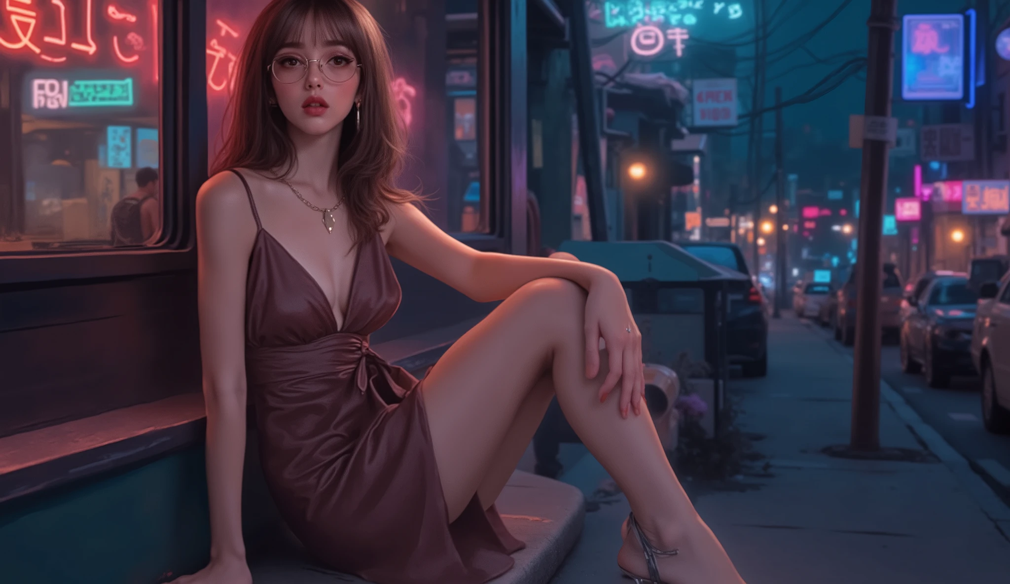 ((Highest quality、Meisterwerk、high sensitivity、high resolution、detailed presentation、Delicate face、FWert:6.0),((schlanke Frau、Brille tragend)),advanced digital art、Leather dress with slit、Pin ganz、Make-up:(light blue eye shadow、rosa Rouge、Orange Wange),Neonstraße、Sit cross-legged on a sidewalk railing、Bring me a wine bottle、