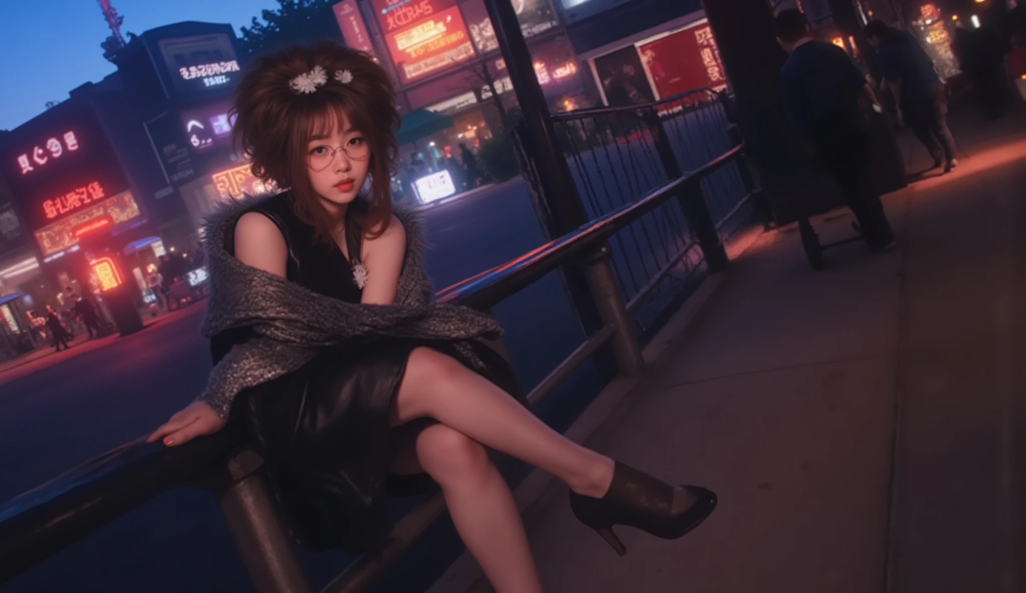 ((Highest quality、Meisterwerk、high sensitivity、high resolution、detailed presentation、Delicate face、FWert:6.0),((schlanke Frau、Brille tragend)),advanced digital art、Leather dress with slit、Pin ganz、Make-up:(light blue eye shadow、rosa Rouge、Orange Wange),Neonstraße、Sit cross-legged on a sidewalk railing、Bring me a wine bottle、