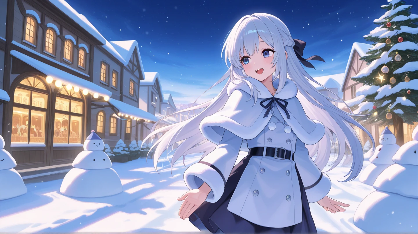 A woman wearing white winter clothing, imperial Russian military hat, white hair, pigtails, smiling, blue eyes, in a city with a winter climate, at night, illuminated,HDR, ultra resolution, well defined, masterpiece, 8K HD. (solo woman)
