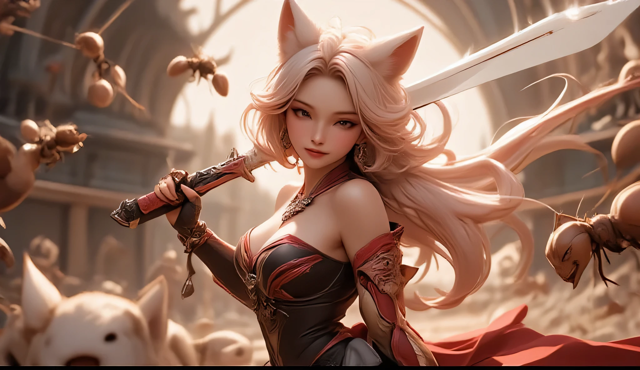 masterpiece, best quality, ultra-detailed, anime style, heroic human and red panda, half human and half red panda, Foxian, standing bravely against a massive swarm of ants, epic battle scene, strong and determined expression, wind blowing through her hair, sword in hand, dramatic lighting, backlight, insects charging from the distance, ground shaking, cinematic perspective, low angle view, intense atmosphere, fantasy battlefield, 2D anime illustration, cel-shading, bold outlines/sexy, deep cleavage, off-shoulder armor , hd , hight quality , 4k