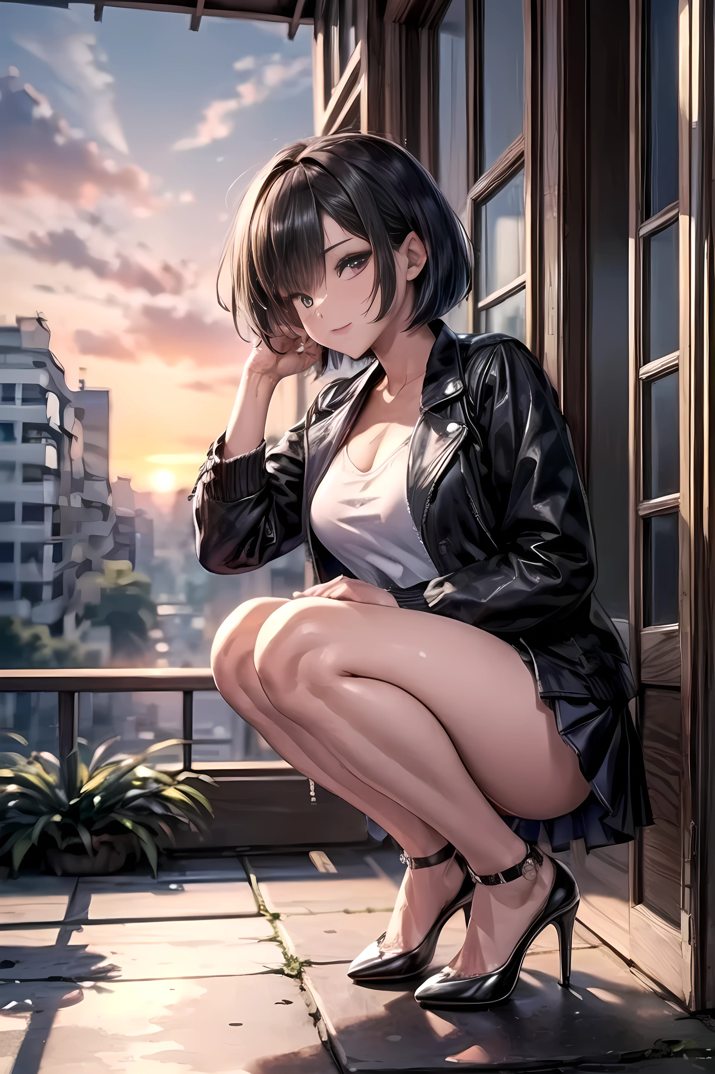 masterpiece, Highest Quality, Full HD, 16 kg, Bold Poses to Seduce Men , accurate human body , Correct Human Anatomy , Fascinating Scenes, charming smile,(( 1960s , 1960s の街中, resting time to heal fatigue , main street in a thriving city )), ((((( Squat Posture:2.0, sexy action with the sunset in the background ))))), one woman :2.0, Alone, Sexy Woman :1.85, observing the audience,(( dark haired, beautiful dark haired, Short Bob_covers one eye, dark eyes , delicate and beautiful skin, small nose )), ( Open your eyes , shut up, mature body_ highlights the sexy action of :1.6, long legs ), (( abnormally large breasts , Pcup Breast , deep chest )), (((( white blouse, Black Vintage Jacket Suits , black skirt , high heels ))), 18 years old, Japanese, ( hairstyle to hide one eye _Emphasize ) Colours of the 90s, jungle with branches intertwined above the head, anime celltone , Bright screen.