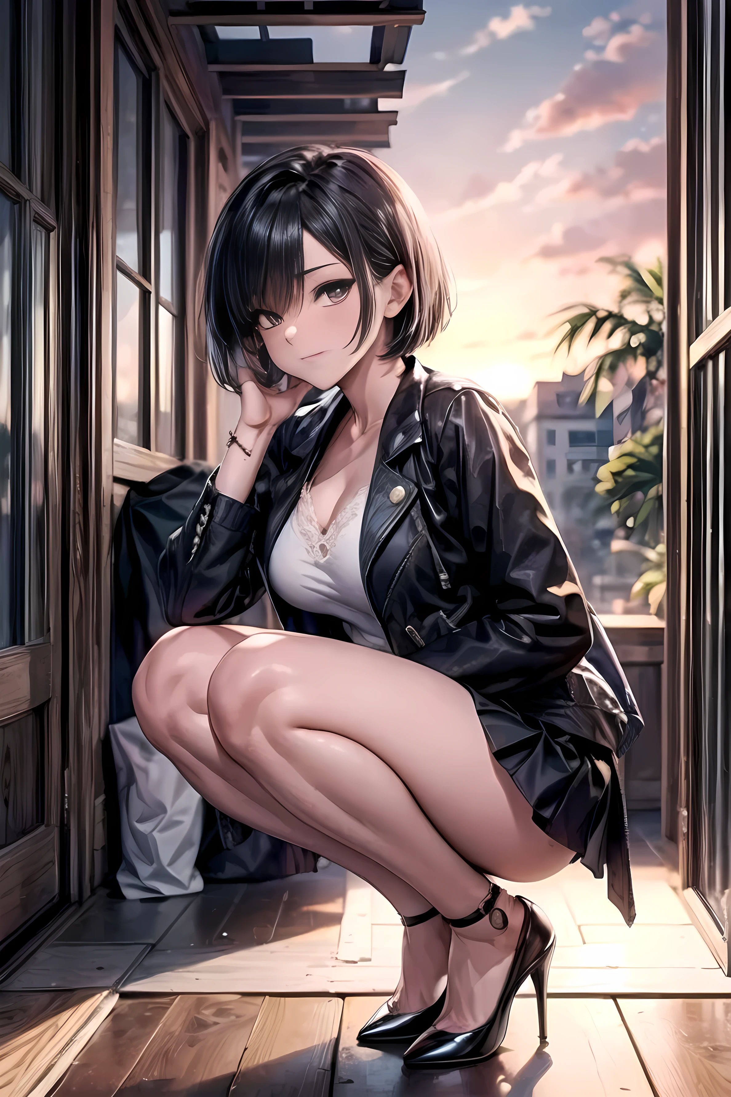 masterpiece, Highest Quality, Full HD, 16 kg, Bold Poses to Seduce Men , accurate human body , Correct Human Anatomy , Fascinating Scenes, charming smile,(( 1960s , 1960s の街中, resting time to heal fatigue , main street in a thriving city )), ((((( Squat Posture:2.0, sexy action with the sunset in the background ))))), one woman :2.0, Alone, Sexy Woman :1.85, observing the audience,(( dark haired, beautiful dark haired, Short Bob_covers one eye, dark eyes , delicate and beautiful skin, small nose )), ( Open your eyes , shut up, mature body_ highlights the sexy action of :1.6, long legs ), (( abnormally large breasts , Pcup Breast , deep chest )), (((( white blouse, Black Vintage Jacket Suits , black skirt , high heels ))), 18 years old, Japanese, ( hairstyle to hide one eye _Emphasize ) Colours of the 90s, jungle with branches intertwined above the head, anime celltone , Bright screen.