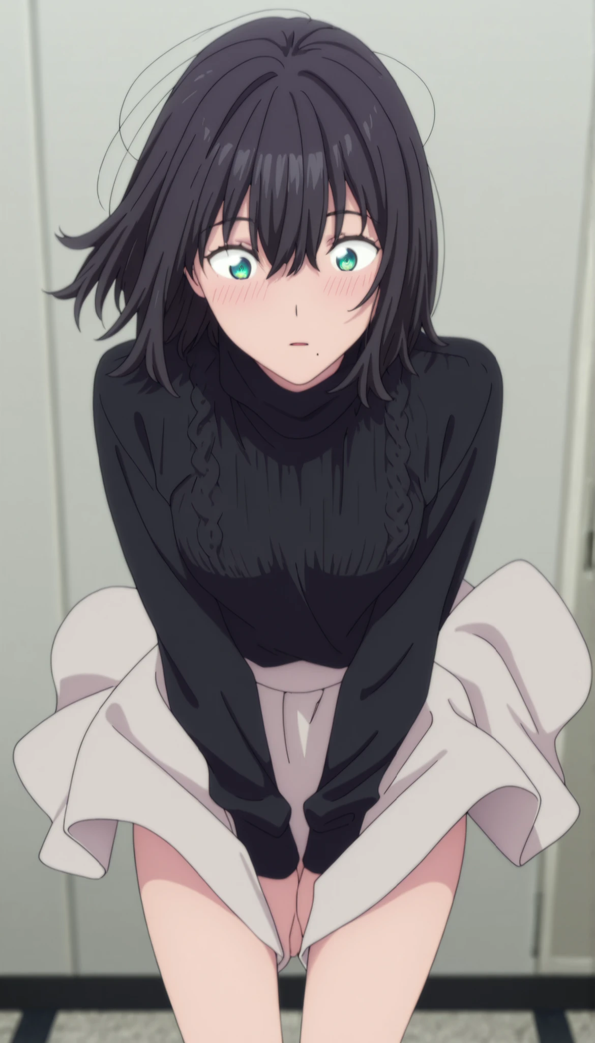 masterpiece, best quality, amazing quality, highres, absurdres, very aesthetic, high resolution, ultra detailed, perfect details, ufotable style, 1girl, solo, indoors, , (detailed background:1.2),from above, (long sidelocks), ,, ((medium hair, flipped hair)), ((black hair)), bangs, hair between eyes, (green blue eyes),(detailed beutiful eyes), ,((black turtleneck knit, black knit)),long sleeve, loose fit knit, pale skirt, long thighs, (small breasts,), (light head back), <lora:Akane_Shinjo_ILXL:0.8>,,  ((aged up:1.5)),(surprised), looking down, (anime coloring), embarrassed, blush, bent over, ((hands between thighs)), parted lips,  wind lift, panties slip,, slim body, slender body, slim arms, light skin, one mole, mole under mouth, wind lift, 