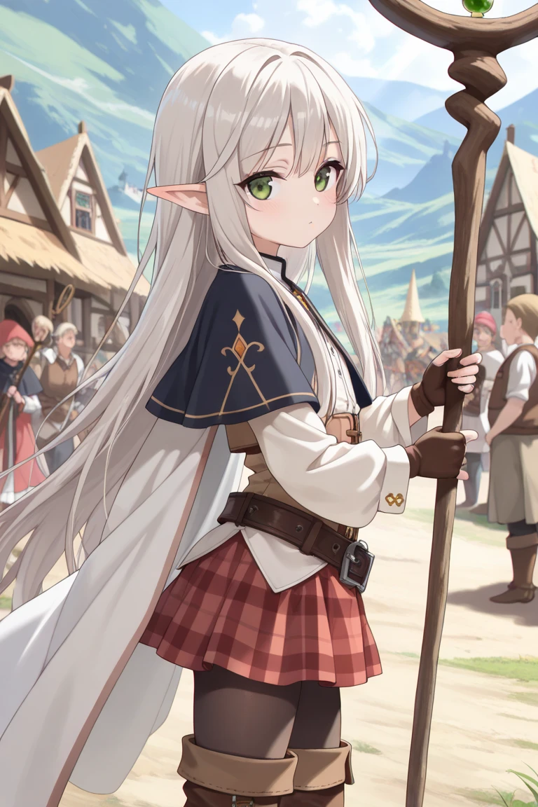 , 1 female fox, straight long white hair, green cloak, white skirt, riding on rocking horse,, ambient light, full body, masterpiece, high quality, high-details, best quality, 