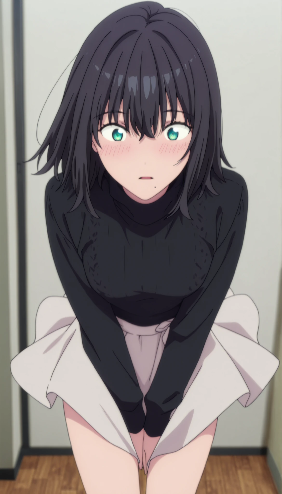 masterpiece, best quality, amazing quality, highres, absurdres, very aesthetic, high resolution, ultra detailed, perfect details, ufotable style, 1girl, solo, indoors, , (detailed background:1.2),from above, (long sidelocks), ,, ((medium hair, flipped hair)), ((black hair)), bangs, hair between eyes, (green blue eyes),(detailed beutiful eyes), ,((black turtleneck knit, black knit)),long sleeve, loose fit knit, pale skirt, long thighs, (small breasts,), (light head back), <lora:Akane_Shinjo_ILXL:0.8>,,  ((aged up:1.5)),(surprised), looking down, (anime coloring), embarrassed, blush, bent over, ((hands between thighs)), parted lips,  wind lift, panties slip,, slim body, slender body, slim arms, light skin, one mole, mole under mouth, wind lift, panties slip, 