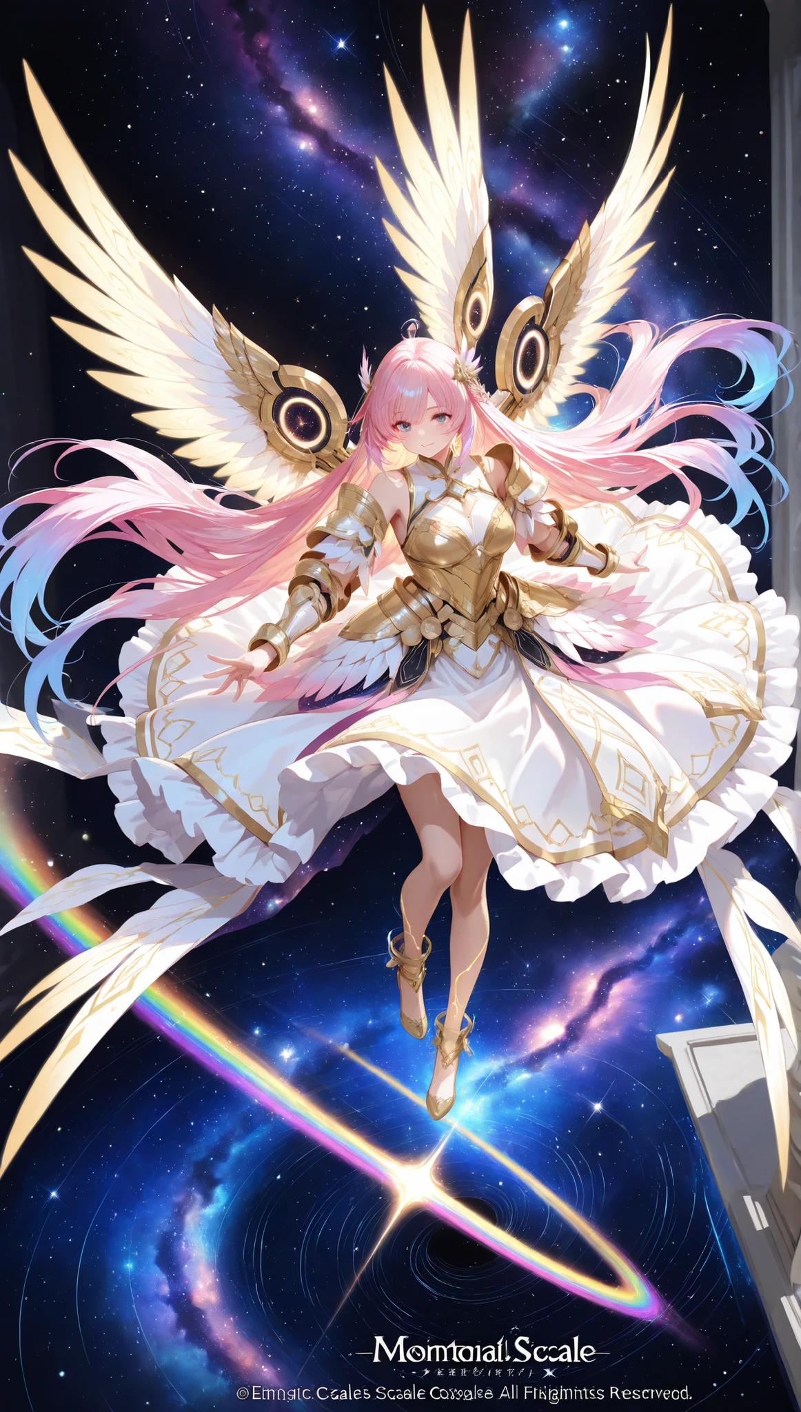 inside a giant spiral galaxy, an angelic woman glides gracefully on a star's arm. their wings shine in constellations, each feather is a small galaxy. they wear elegant armor made of rainbow-colored meteorites, their faces are gentle and sacred. behind them, black holes pulse with quiet power. The entire image is illuminated by the galactic wind and the distant sun. Monumental scale, 8k, ultra-detailed celestial fantasy, concept art style.

