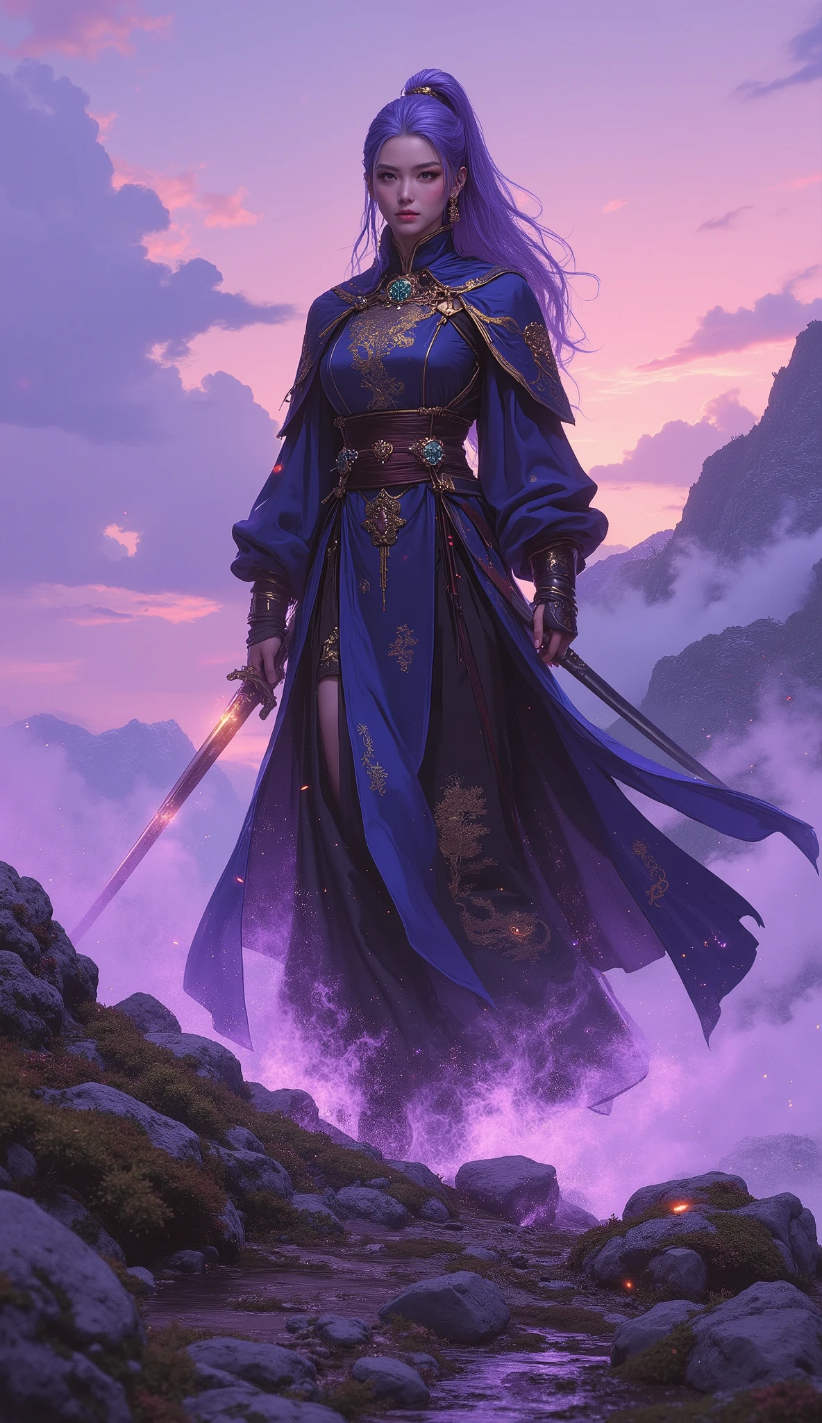 (Masterpiece, 8K, ultra-detailed, epic cinematic photography, dramatic low-angle shot, dynamic composition, volumetric lighting, rich and vibrant colors). An ethereal fantasy wuxia swordswoman, a vision of grace and power, confidently striding along a treacherous, mist-shrouded mountain pass at twilight. Her long, iridescent blue-violet hair, styled in a sleek high ponytail with elegant side-swept bangs, catches the faint light. Her face is a study in serene focus; a calm, confident expression with a piercing, sharp gaze. She possesses a slender, lithe, and athletic physique, moving with the fluid grace of a seasoned warrior. She is attired in an exquisitely detailed fantasy wuxia ensemble: a form-fitting, qipao-inspired long dress of deep black silk, intricately embroidered with golden cloud motifs. The wide, flowing sleeves are lined with sky-blue fabric that flashes with her movements. A sweeping, floor-length cloak of the same blue-violet as her hair envelops her, its heavy fabric swirling dramatically, secured at her shoulder by a luminous, masterfully-carved green jade brooch. Ethereal wisps of glowing purple mist, filled with shimmering particles, dance around her feet, creating an aura of profound mystique. Flawless anatomy, exquisitely detailed hands with five perfectly formed fingers.