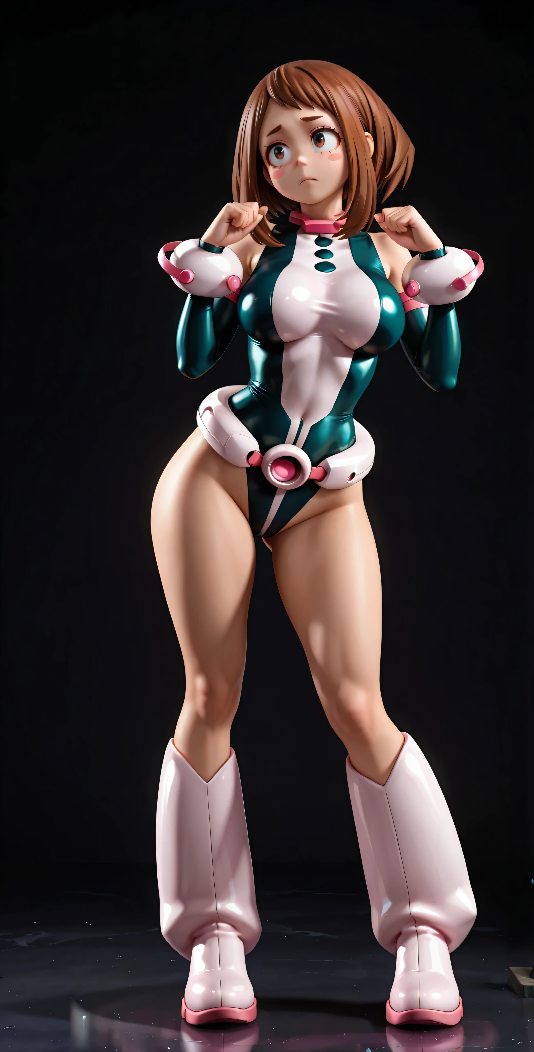 HD, 4k, clear. a girl, uraraka ochako, sexy pose, alone. bottomless (dark background), Superhero, heroine costume, Pink belt, pink bracelets , pink boots, full body, neutral expression (hyperdetailed face), urarak4, brown hair, short hair, brown eyes, beautiful pink stickers, looking at the spectator. very large breasts, wide hips. Photo RAW. 16K. masterpiece. Higher quality. birthday style.