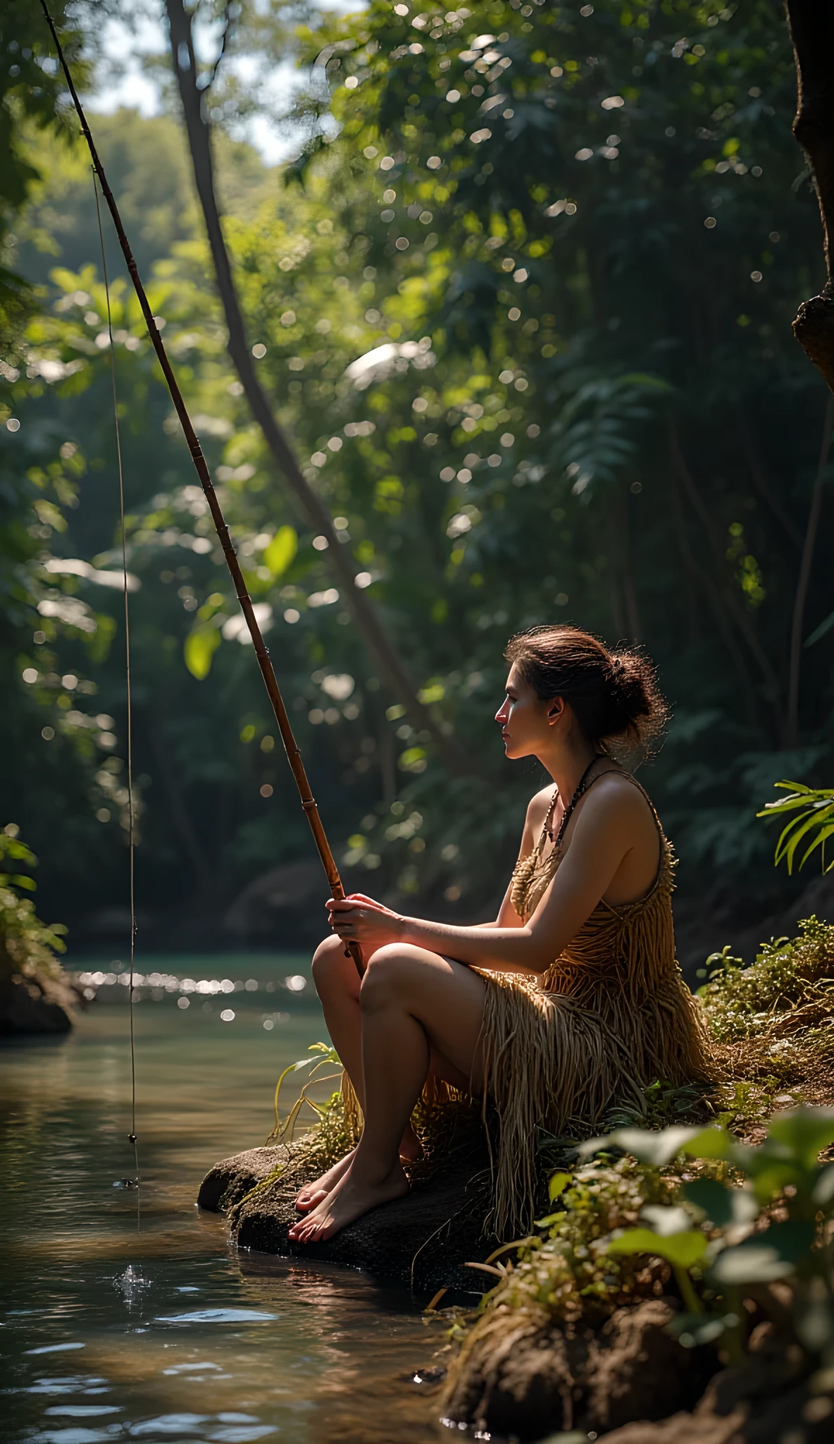 Stone age era, (prehistoric age era:1.6), ((Realistic cinematography best ultra-wide angle depth intense details of realistically beautiful tropical deep jungle landscape scenery|water shimmering pond on the foreground)),surreal,focusing on a female Fisher sitting on the ground, while holding and gripping a single intricately straight bamboo fishing rod,attach with a fishing string,,(every features are depicted clearly),(realistically accurately and intricately depicting scenery),((tribe)),fishing,(wearing primitive full coverage leafs fabric cloak tunic long dress and fully woven straw long gown enveloping her whole body),long straw skirt,(perfectly busty depth symmetrically precisely full body),(cinematic dynamically camera cinematic angle scenery:accurately depicted:1.3),the lively prehistoric cradle of historcal depicting scenery,midday,realistically full depth,autumn season,(cinematography dynamic angle|hyperrealistic:realistic scenery:3d texture over the scenery),best videography angle,hdr,masterpiece,4K,(cinematography vibe),primordial folk fabric wardrobe,(dynamic image composition),(octane 3d rendering|50mm lens shot:1.3),(precise lifelike skin texture:lifelike hairs:realism),(best rule of third photography composition),(best image aperture),(full details depth of field),(best shutter speed),(RAW photo image),(photorealistic|photorealism:hyperrealism style),(realistic depth 3d:cgi:1.3),(trending on cgsociety:devianart:unreal engine 5),,(best photography:national Geographic style), stonePunkAi and sandalPunkAi artwork, digital art,best lighting concept,(realistic intricately fixed truly fully human's anatomy body+hands+and+fingers anatomical),natural motion,inspired by farcry5 game artwork, ((SFW)),