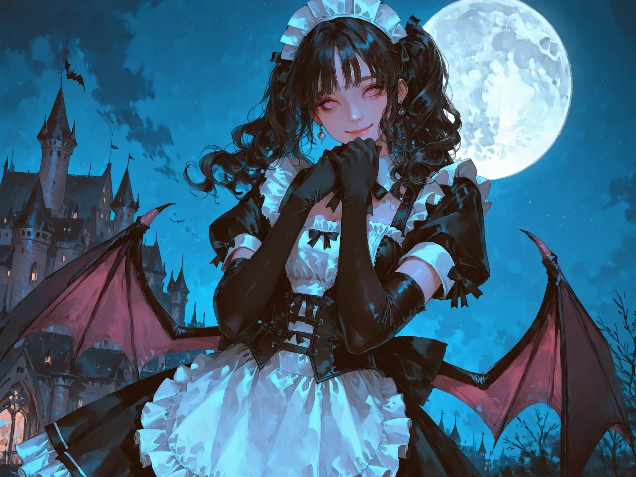 upper shot, front shot, an extremely delicate and beautiful girl, 20 years old, beautiful black wavy hair, twintails with black ribbons, beautiful detailed dull-pink eyes, earrings, elbow gloves, smile, maid headdress, cute and sexy frilled dress, bat wings, black french maid costumes, hands on own chin, night sky and castles in background, moon