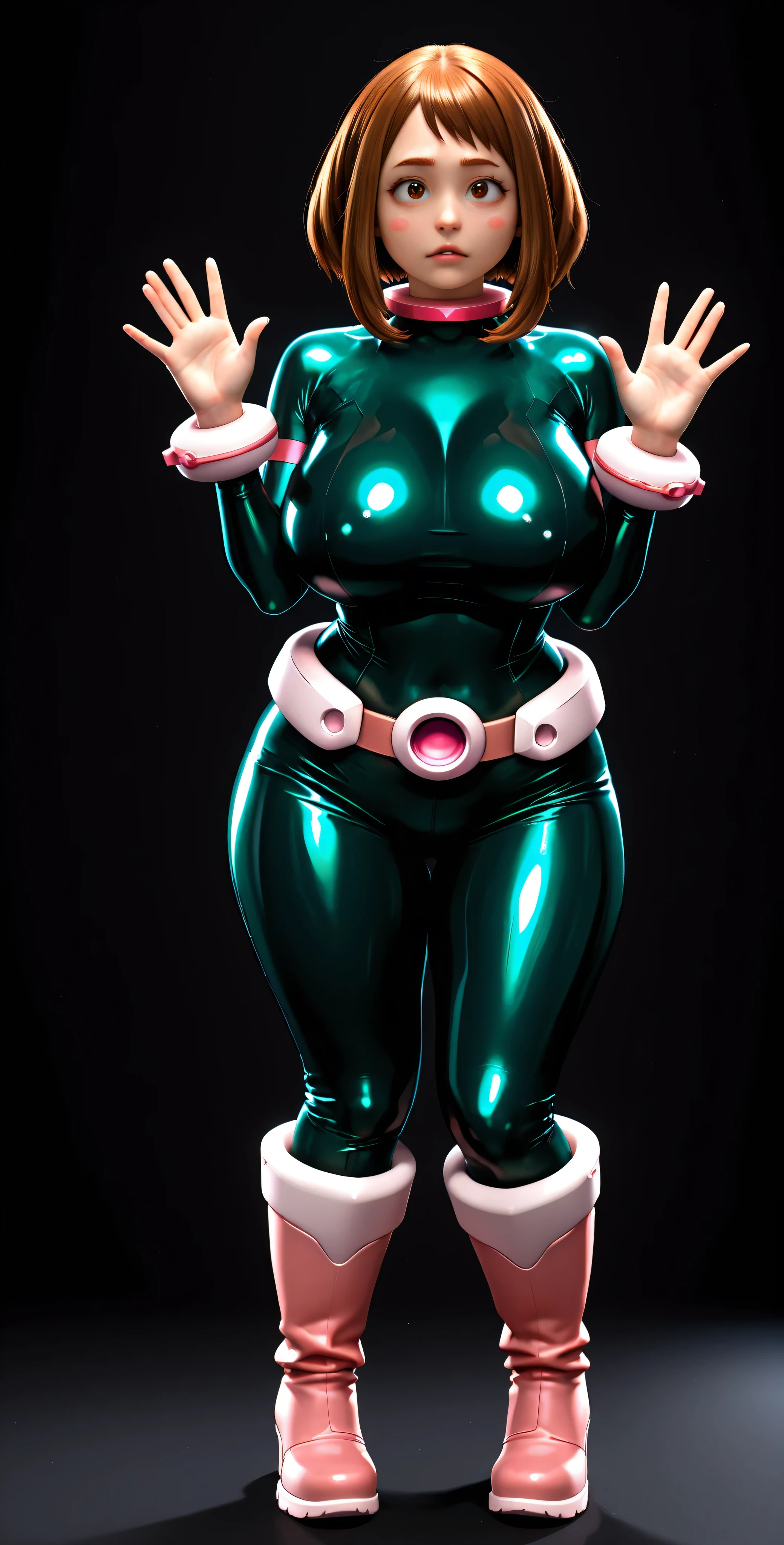 HD, 4k, clear. a girl, uraraka ochako, sexy pose, alone. bottomless (dark background), glossy dark green metallic latex jumpsuit, Pink belt, pink bracelets , pink boots, full body, neutral expression (hyperdetailed face), urarak4, brown hair, short hair, brown eyes, beautiful pink stickers, looking at the spectator. huge breasts:1.5, wide hips. Photo RAW. 16K. masterpiece. Higher quality. birthday style.