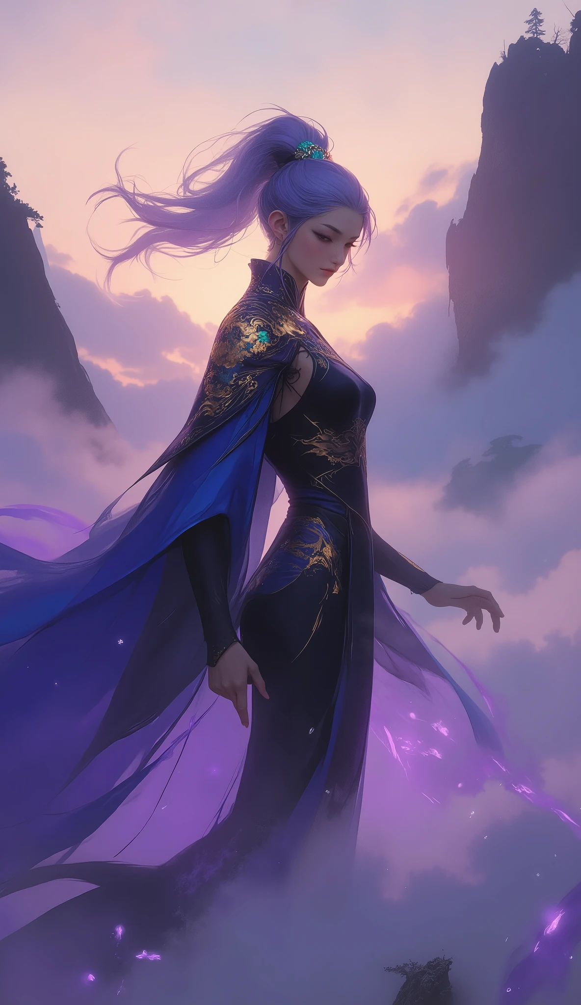 (Masterpiece, 8K, ultra-detailed, epic cinematic photography, dramatic low-angle shot, dynamic composition, volumetric lighting, rich and vibrant colors). An ethereal fantasy wuxia heroine, a vision of grace and power, confidently striding along a treacherous, mist-shrouded mountain pass at twilight. Her long, iridescent blue-violet hair, styled in a sleek high ponytail with elegant side-swept bangs, catches the faint light. Her face is a study in serene focus; a calm, confident expression with a piercing, sharp gaze. She possesses a slender, lithe, and athletic physique, moving with the fluid grace of a seasoned warrior. She is attired in an exquisitely detailed fantasy wuxia ensemble: a form-fitting, qipao-inspired long dress of deep black silk, intricately embroidered with golden cloud motifs. The wide, flowing sleeves are lined with sky-blue fabric that flashes with her movements. A sweeping, floor-length cloak of the same blue-violet as her hair envelops her, its heavy fabric swirling dramatically, secured at her shoulder by a luminous, masterfully-carved green jade brooch. Ethereal wisps of glowing purple mist, filled with shimmering particles, dance around her feet, creating an aura of profound mystique. Flawless anatomy, exquisitely detailed hands with five perfectly formed fingers.
