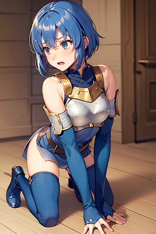 Meisterwerk), high resolution, (Extrem detailliert), fotorealistisch, 女の子1人, (((sehr langes, lockiges, kirschrotes Haar,  bright red eyes, largeeyes,  Augen, niedliches Gesicht, kleines Gesicht, Scharfes Gesicht, gorgeous eyes, Blutjung, big legs, dicke Beine:1.7, wahnsinnig schmale Taille:1.3, medium :1.3, flush, (Extrem , , , , , )))), ((Glatte Haut, Weiche Haut, Pralle Haut,  Tight Blue Knight's Armor, leotard,  legs, belt, Running, view from side)