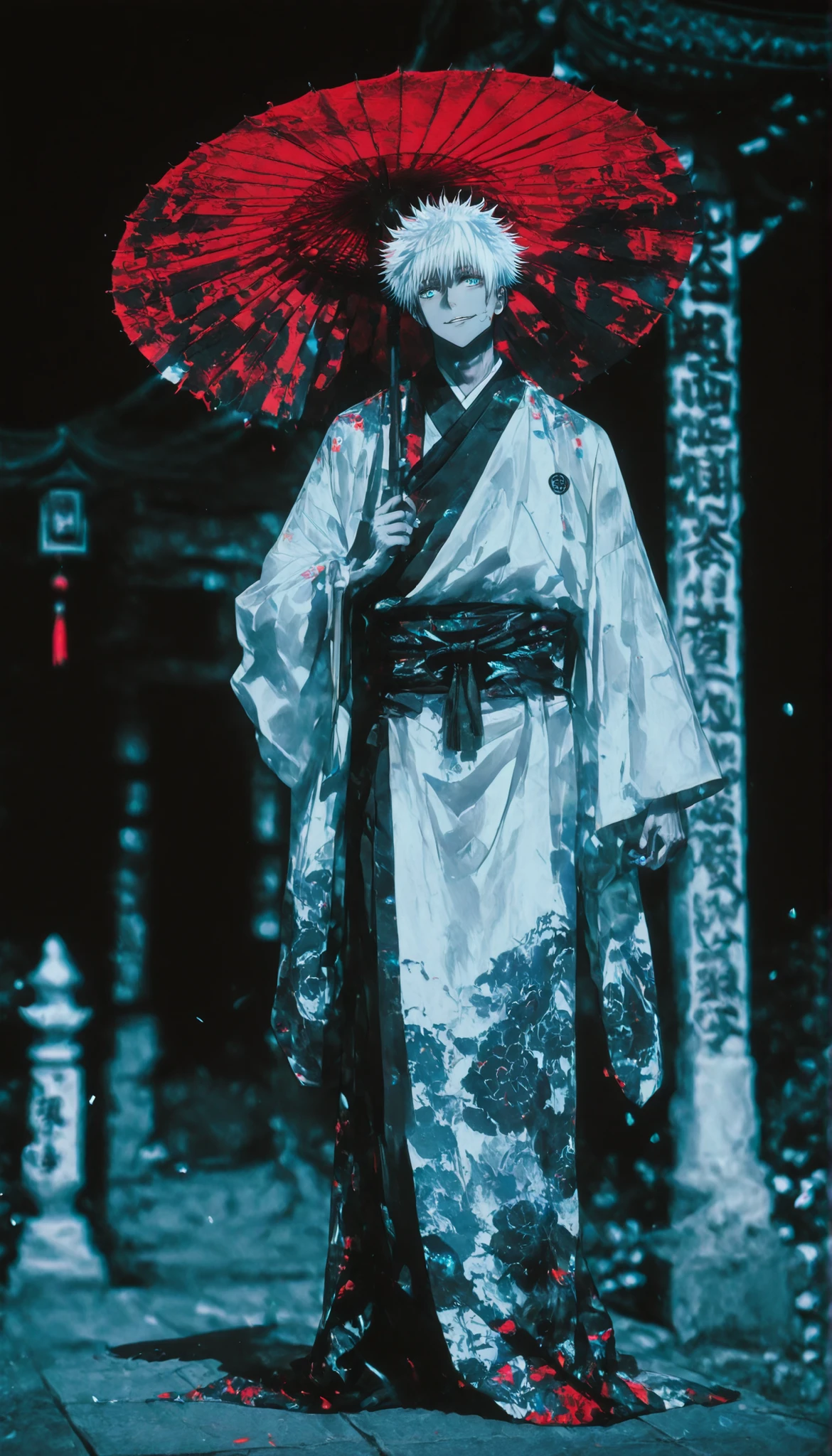 depth of field, high definition image, lots of details, masterpiece,a boy, full body take, Satoru Gojo from Jujutsu Kaisen,bright blue eyes,red paper umbrella with Chinese engravings, , shiny white hair standing out against the background, Look far away, ironic smile, Japanese temple in the background, limited palette , black background, colorful , lively,Brilliant contours,neon, black light, satorugojo
