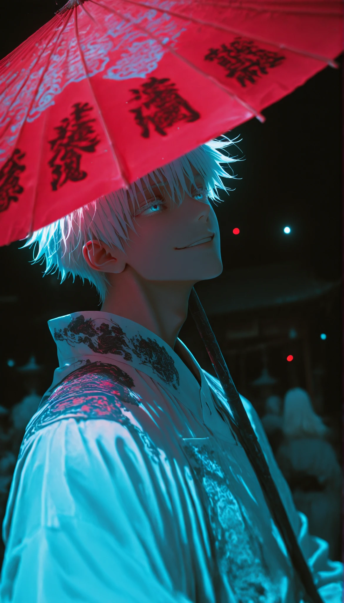 depth of field, high definition image, lots of details, masterpiece,a boy, , Satoru Gojo from Jujutsu Kaisen,blue eyes brillantes,red paper umbrella with Chinese engravings, , white hair brillante destacando sobre el fondo, Look far away, ironic smile, Japanese temple in the background, limited palette , black background, colorful , lively,Brilliant contours,neon, black light,a boy, gojou satoru, white hair, short hair, pointed hair, blue eyes, colored tabs