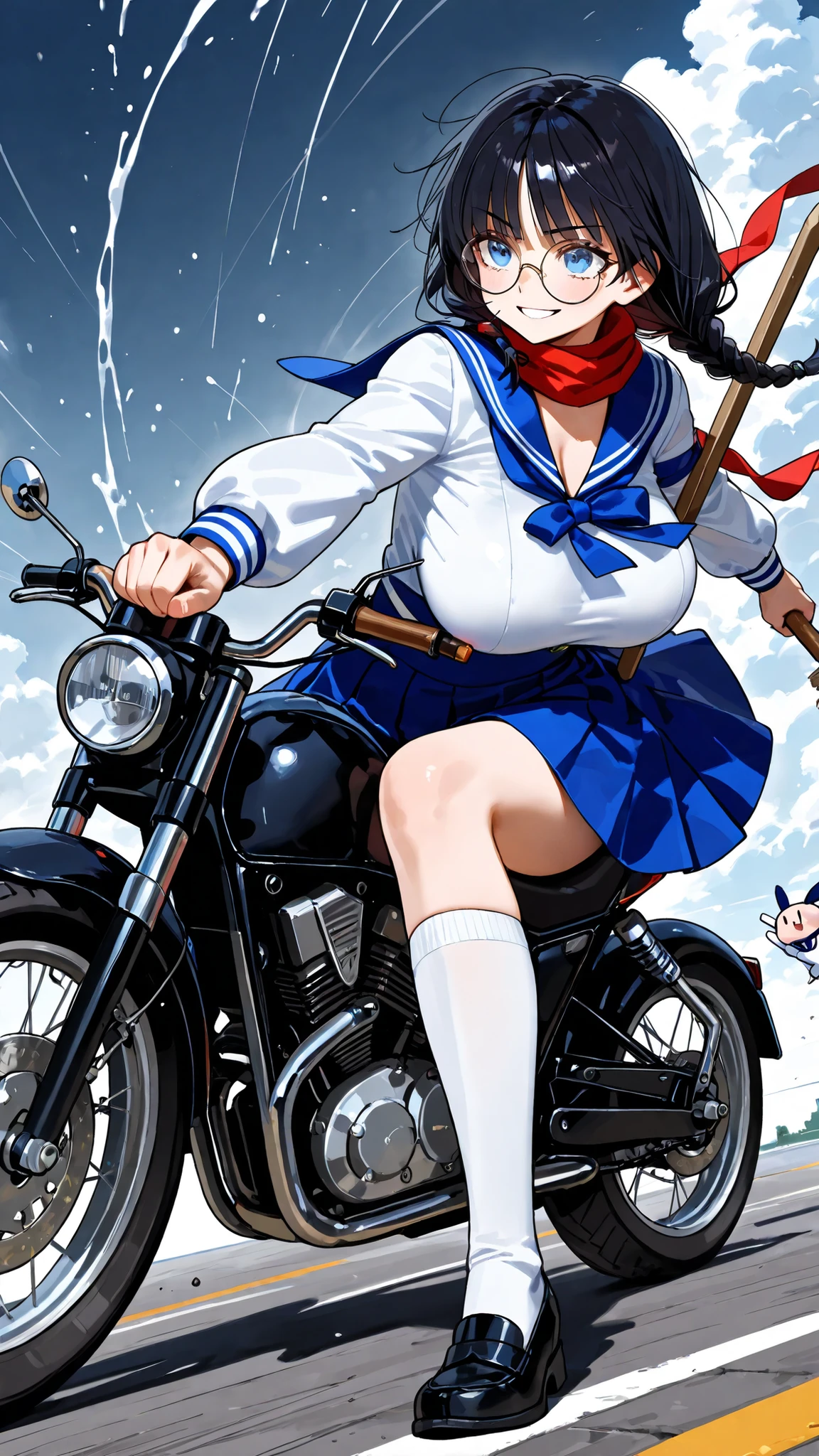 side shot holding hands in the wind, Dutch angle, motion blur, 1 girl, solo, dark haired、 braids、 bangs、Round glasses、blue eyes, (solid oval eyes), big boobs、 (sailor suit next to the eye:1.5)、long pleated skirt、loafers,White High Socks、 straddling motorcycle, hold the wheel, carrying a wooden sword on one arm, hair and scarf fluttering, defined expression,Gentle smile、Rimlight, Blast running behind, fluid brush strokes, Speed Line, intense speed , road blending into the ink pattern, high resolution, ultra sharp, stunning shading, masterpiece, Highest Quality