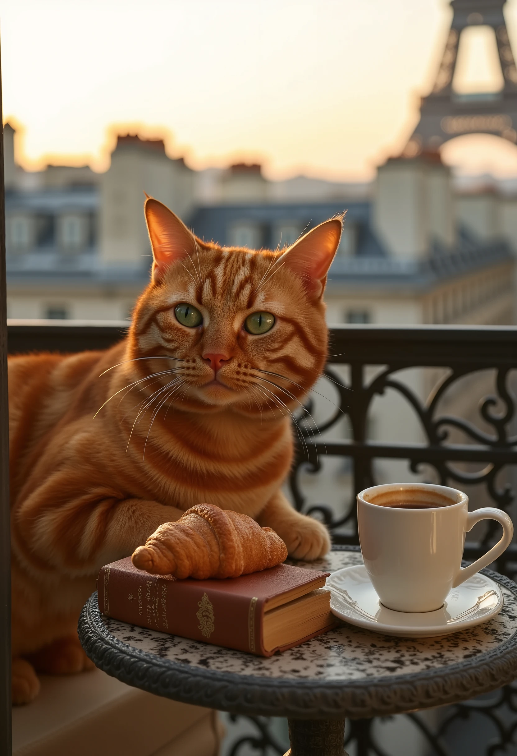 Cover photo for a glossy magazine, a perfect shot. A ginger tabby cat with bright emerald green eyes and an intelligent gaze is sitting on an ornate Parisian-style balcony (French balcony). Behind the cat, a view of the Eiffel Tower and Parisian rooftops during the golden hour. A cup of unfinished coffee and a croissant are on the small table. The cat is resting its paw on a vintage leather-bound book. The atmosphere is cozy, romantic, and elegant. **Shot details and specifications:** - **Style:** Highly detailed photography, shallow depth of field, cinematic lighting. - **Composition:** Rule of thirds, the cat is off-center to the left, the view of the tower is on the right. - **Lighting:** Golden hour, soft warm side lighting, creating long shadows and highlighting the fur's texture. - **Camera & Lens:** Full-frame camera, 85mm portrait lens at f/1.8. - **Settings:** f/1.8, ISO 100, shutter speed 1/200s. - **Render:** Photorealistic, ultra-detailed, sharp focus. - **Atmosphere:** Coziness, Parisian charm, a touch of melancholy.