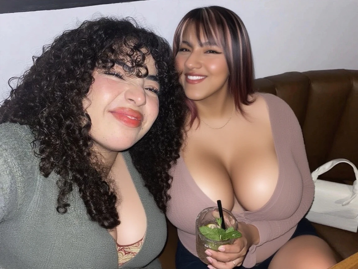 there are two women that are posing for a picture together, taken in the early 2020s, non blurry, low quality photo, very silly looking, wearing shiny breastplate, mid 2 0's female, wearing a low cut tanktop, two girls, not blurry, posing together in bra, 21 years old, wearing a cropped black tank top, big , huge , no clothes, , cute, wide , thick thighs, pear-shaped body, minimal clothes, thick, extra wide , bbw, wide girl, giant ,  busting out,  showing, spilling out the side, sideboob, fat showing, minimal clothes, thick, thicc, upper body zoom, showing waist, hard , see through top