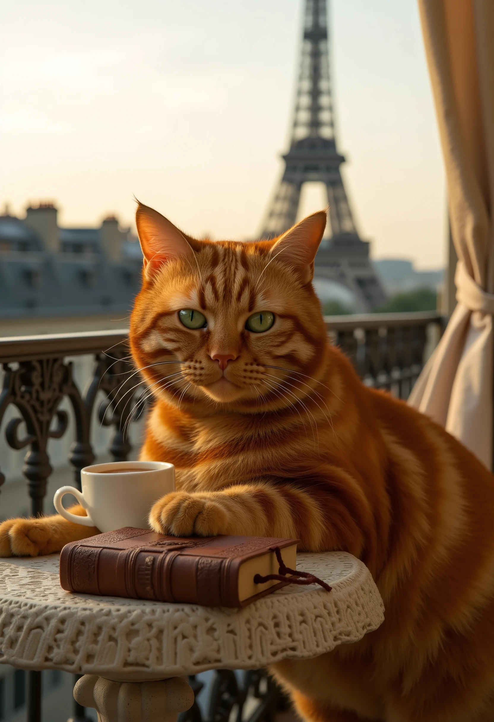 Cover photo for a glossy magazine, a perfect shot. A ginger tabby cat with bright emerald green eyes and an intelligent gaze is sitting on an ornate Parisian-style balcony (French balcony). Behind the cat, a view of the Eiffel Tower and Parisian rooftops during the golden hour. A cup of unfinished coffee and a croissant are on the small table. The cat is resting its paw on a vintage leather-bound book. The atmosphere is cozy, romantic, and elegant. **Shot details and specifications:** - **Style:** Highly detailed photography, shallow depth of field, cinematic lighting. - **Composition:** Rule of thirds, the cat is off-center to the left, the view of the tower is on the right. - **Lighting:** Golden hour, soft warm side lighting, creating long shadows and highlighting the fur's texture. - **Camera & Lens:** Full-frame camera, 85mm portrait lens at f/1.8. - **Settings:** f/1.8, ISO 100, shutter speed 1/200s. - **Render:** Photorealistic, ultra-detailed, sharp focus. - **Atmosphere:** Coziness, Parisian charm, a touch of melancholy.