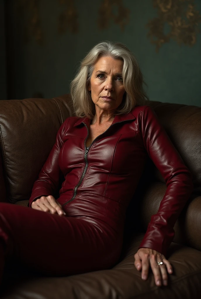 65 year old woman, gray hair, wearing bright red leotards, belt, lying on a bed, moist skin, realistic 