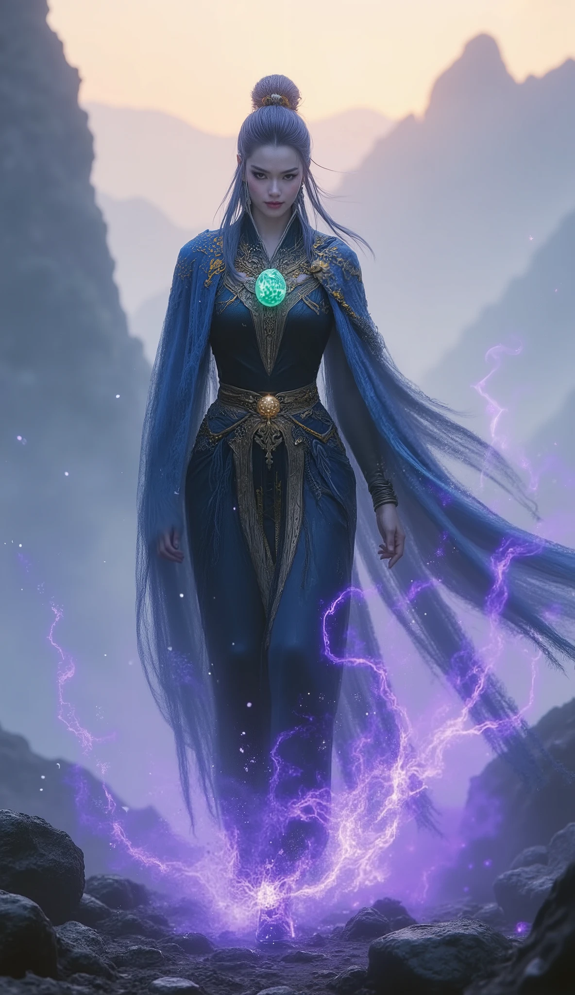 (Masterpiece, 8K, ultra-detailed, epic cinematic photography, dramatic low-angle shot, dynamic composition, volumetric lighting, rich and vibrant colors). An ethereal fantasy wuxia heroine, a vision of grace and power, confidently striding along a treacherous, mist-shrouded mountain pass at twilight. Her long, iridescent blue-violet hair, styled in a sleek high ponytail with elegant side-swept bangs, catches the faint light. Her face is a study in serene focus; a calm, confident expression with a piercing, sharp gaze. She possesses a slender, lithe, and athletic physique, moving with the fluid grace of a seasoned warrior. She is attired in an exquisitely detailed fantasy wuxia ensemble: a form-fitting, qipao-inspired long dress of deep black silk, intricately embroidered with golden cloud motifs. The wide, flowing sleeves are lined with sky-blue fabric that flashes with her movements. A sweeping, floor-length cloak of the same blue-violet as her hair envelops her, its heavy fabric swirling dramatically, secured at her shoulder by a luminous, masterfully-carved green jade brooch. Ethereal wisps of glowing purple mist, filled with shimmering particles, dance around her feet, creating an aura of profound mystique. Flawless anatomy, exquisitely detailed hands with five perfectly formed fingers.