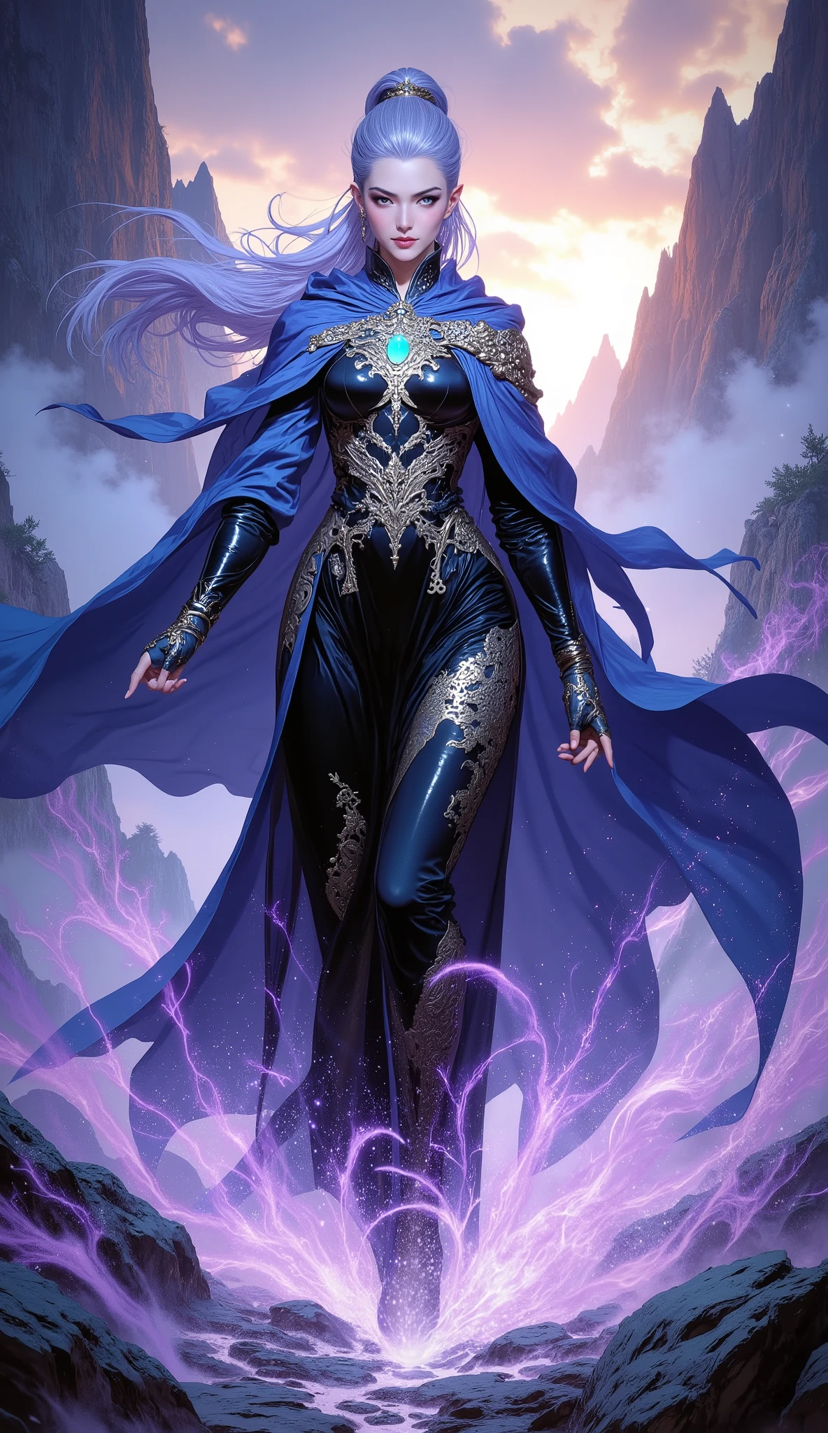 (Masterpiece, 8K, ultra-detailed, epic cinematic photography, dramatic low-angle shot, dynamic composition, volumetric lighting, rich and vibrant colors). An ethereal fantasy wuxia heroine, a vision of grace and power, confidently striding along a treacherous, mist-shrouded mountain pass at twilight. Her long, iridescent blue-violet hair, styled in a sleek high ponytail with elegant side-swept bangs, catches the faint light. Her face is a study in serene focus; a calm, confident expression with a piercing, sharp gaze. She possesses a slender, lithe, and athletic physique, moving with the fluid grace of a seasoned warrior. She is attired in an exquisitely detailed fantasy wuxia ensemble: a form-fitting, qipao-inspired long dress of deep black silk, intricately embroidered with golden cloud motifs. The wide, flowing sleeves are lined with sky-blue fabric that flashes with her movements. A sweeping, floor-length cloak of the same blue-violet as her hair envelops her, its heavy fabric swirling dramatically, secured at her shoulder by a luminous, masterfully-carved green jade brooch. Ethereal wisps of glowing purple mist, filled with shimmering particles, dance around her feet, creating an aura of profound mystique. Flawless anatomy, exquisitely detailed hands with five perfectly formed fingers.