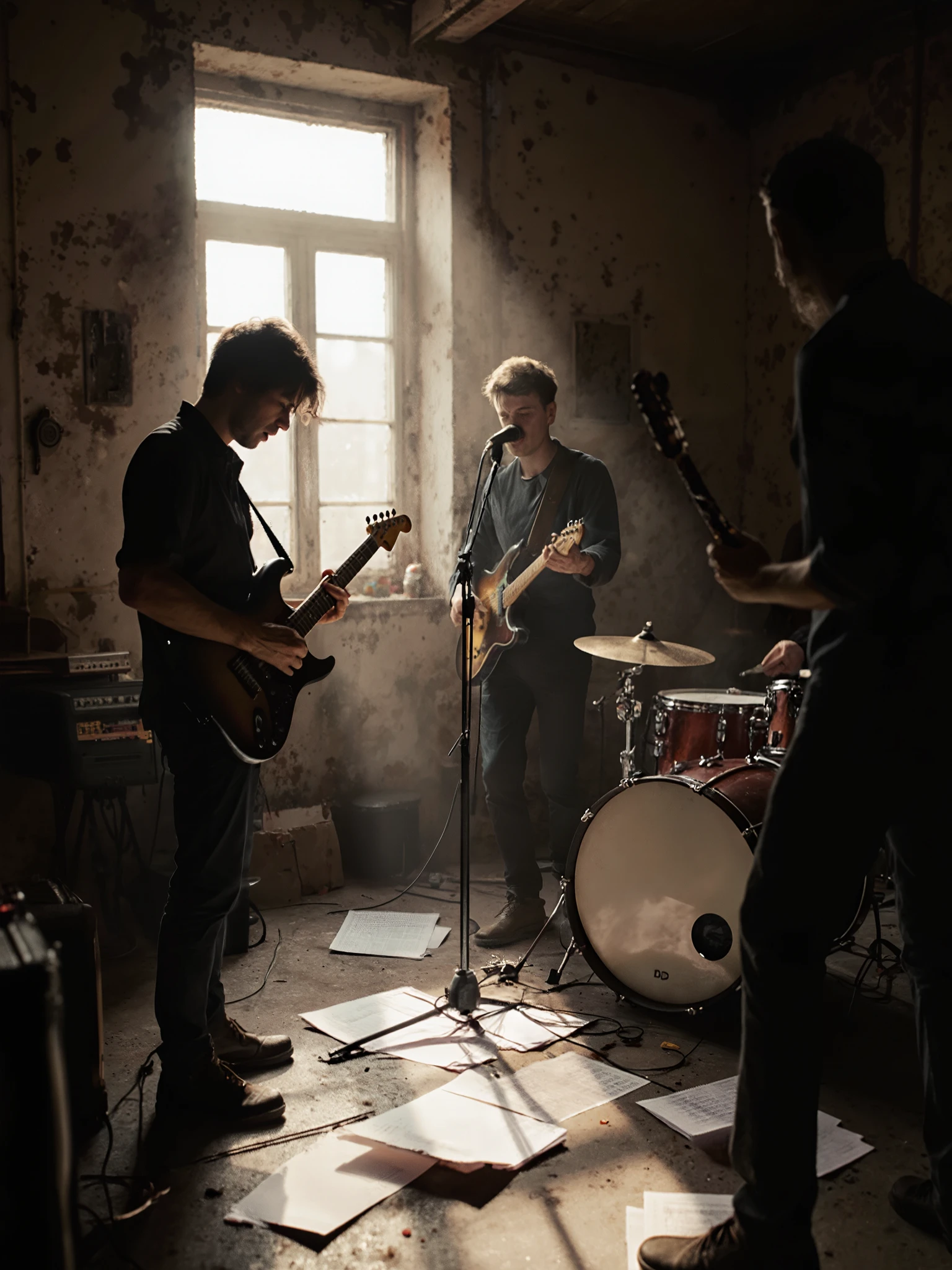A realistic scene inside a cozy, slightly cluttered rehearsal space. Sunlight filters through dusty windows, sheet music scattered on the floor. The band members are mid-practice, one strumming guitar intensely, another singing in the mic, the drummer lost in rhythm. Raw energy. Realistic textures