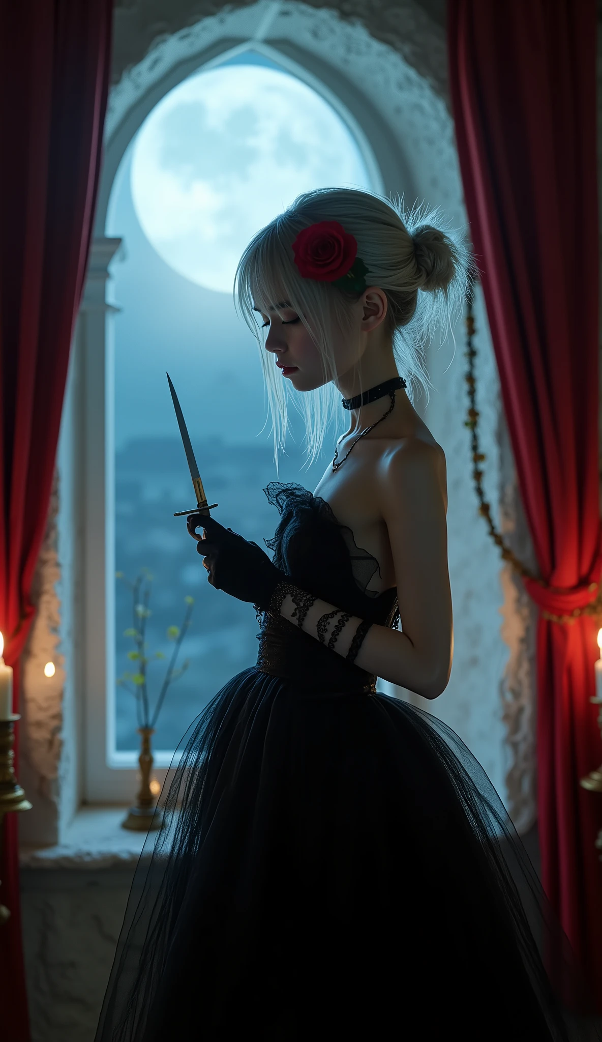 (divinely silver moon in the window with crimson curtain, with a Impressive crimson Rose Hair Ornament, Scrawny petite delicate 13yo pale silver hair Girl with simple stylish black strapless dress and simple black half-glove, actually she is an assasin girl with a sharp knife shining in the moonlight, candles in majestic castle, during the blue moment, hair bun, a little slight grin, deep Slit reveals thin white thighs with garter ring), (hyperrealism, Biologically correct images:16, innocence:9, neat and clean:9, Highest resolution, masterpiece, full body shot:16, "michelle" small red signature in the bottom left, stunning light expression),
(super delicate Scrawny super skinny anorexic pretty petite thin 13yo girl:16, extremely thin, skinny super small babyface as pretty petite 12yo girl:16, extremely skinny anorexic bony pretty petite body as super delicate pretty petite 12yo thin girl, big round eyes, glossy detailed big pupils, no makeup, Beautiful contours, no moles, fairy pale thin skin, black choker, very delicate and very narrow shoulders as thin 11yo pretty petite girl, super skinny 11yo girlish thin thighs, skinny 11yo girlish small ass, super skinny 11yo pretty petite girlish lower abdomen),