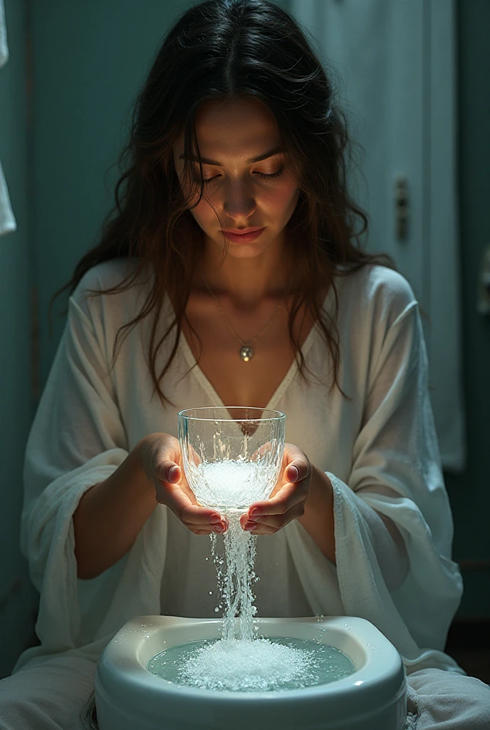 A woman holding a crystal glass with water and salt in her hands ...