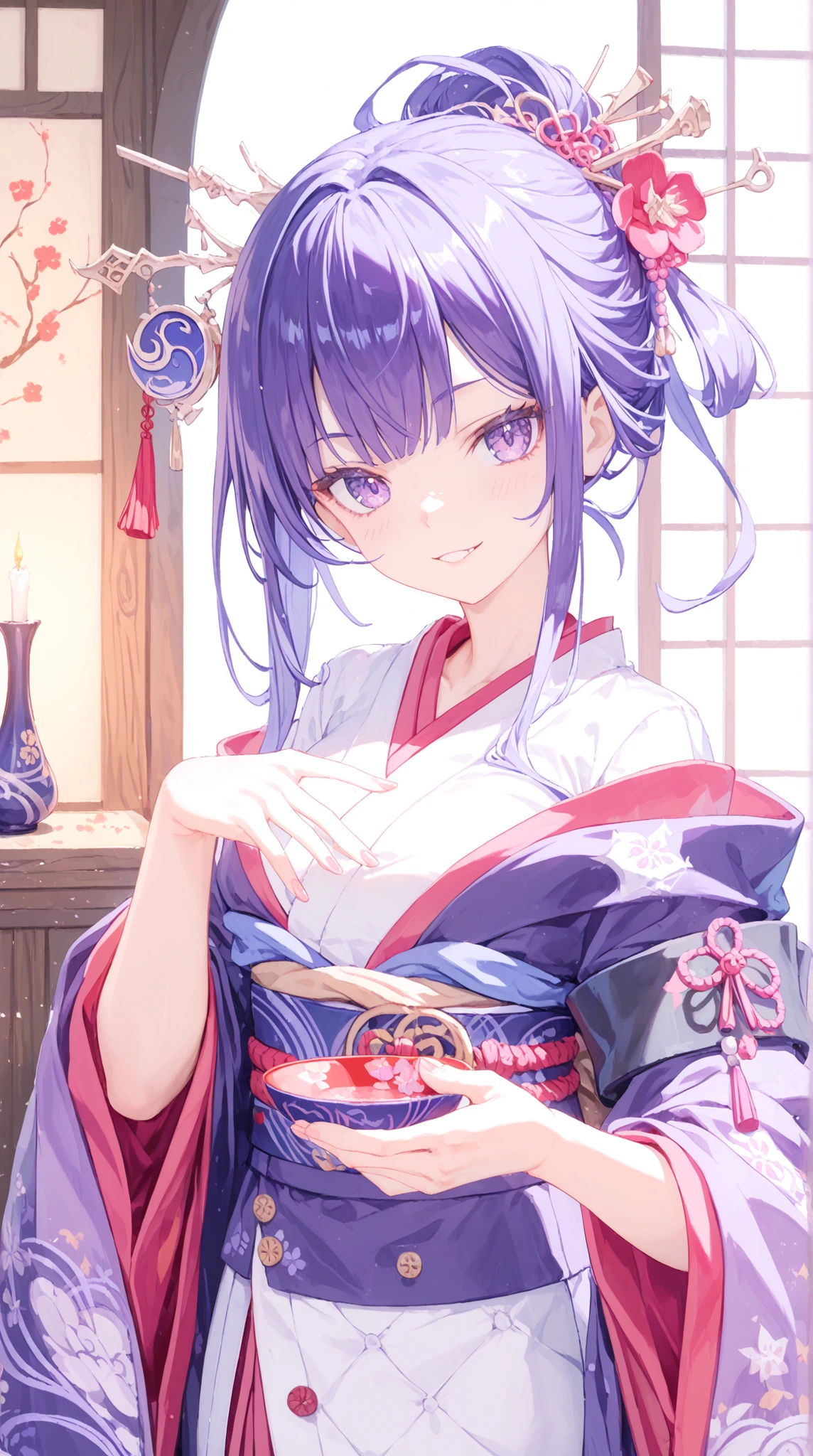 Highest Quality, Masterpiece, 8K Wallpaper, A Bewitching Demon Woman, long dark purple hair, has sharp eyes, Corner decoration, Loose Magenta Kimono, Shoulder Design, embroidered belt with sake bowl in one hand, Figure Holding a Sake Bottle, expression, Japanese-style room, Shoji and Candlestick, glossy atmosphere, Original Fantasy, digital art, Vivid Details