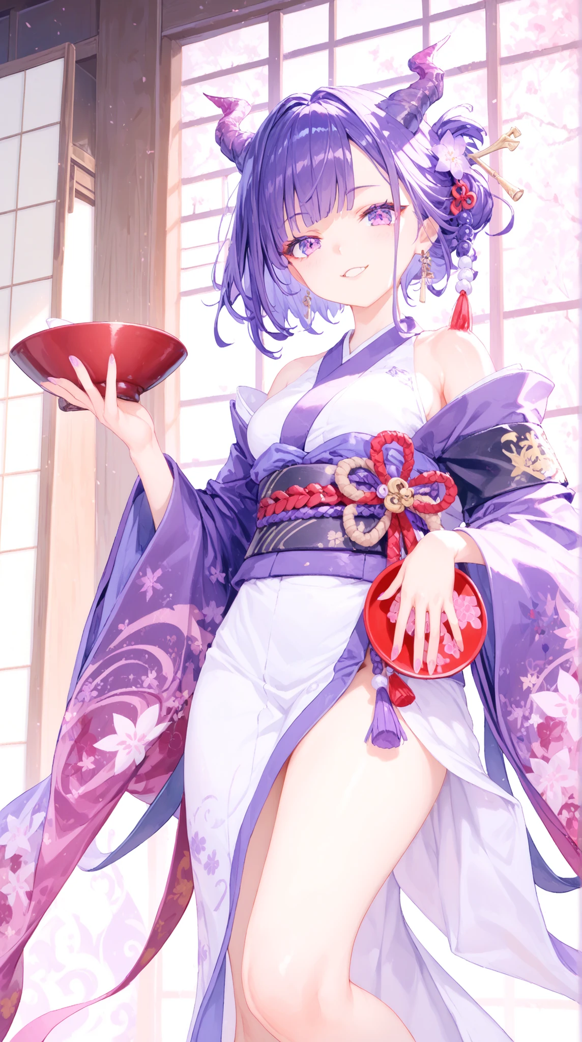 Highest Quality, Masterpiece, 8K Wallpaper, A Bewitching Demon Woman, long dark purple hair, has sharp eyes, Corner decoration, Loose Magenta Kimono, Shoulder Design, embroidered belt with sake bowl in one hand, Figure Holding a Sake Bottle, expression, Japanese-style room, Shoji and Candlestick, glossy atmosphere, Original Fantasy, digital art, Vivid Details