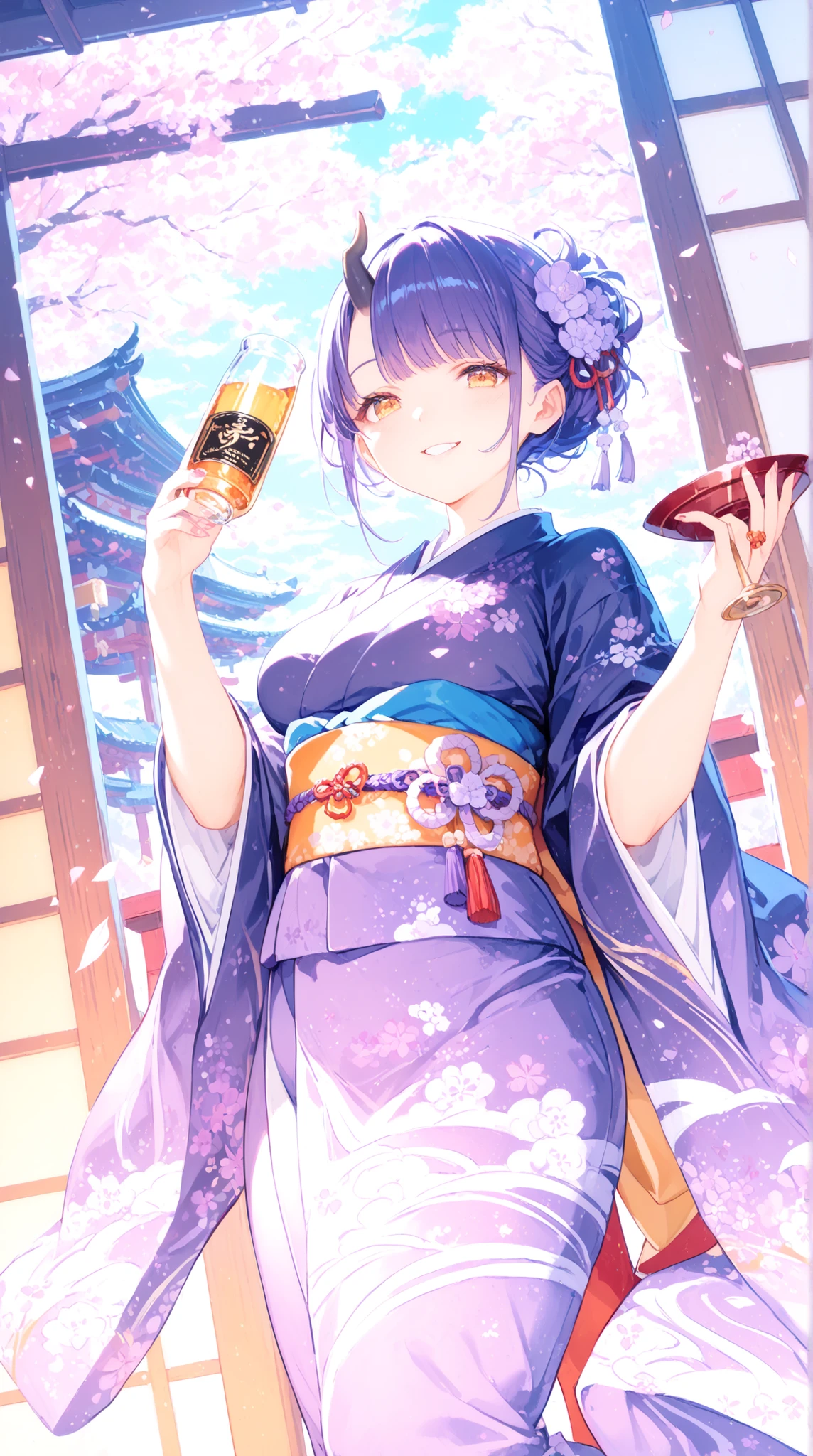 High Quality, masterpiece, ultra high res, Demon Girl with Purple Hair, with golden eyes, small horn, Glossy Japanese Clothes, revealing kimono, plump figure, Woman holding a liquor bottle, bewitching smile, under the cherry tree, Moonlight, fantastic Japanese background, Mysterious Atmosphere, Traditional Japanese Style Design, Delicate Details, vivid color contrast, original character