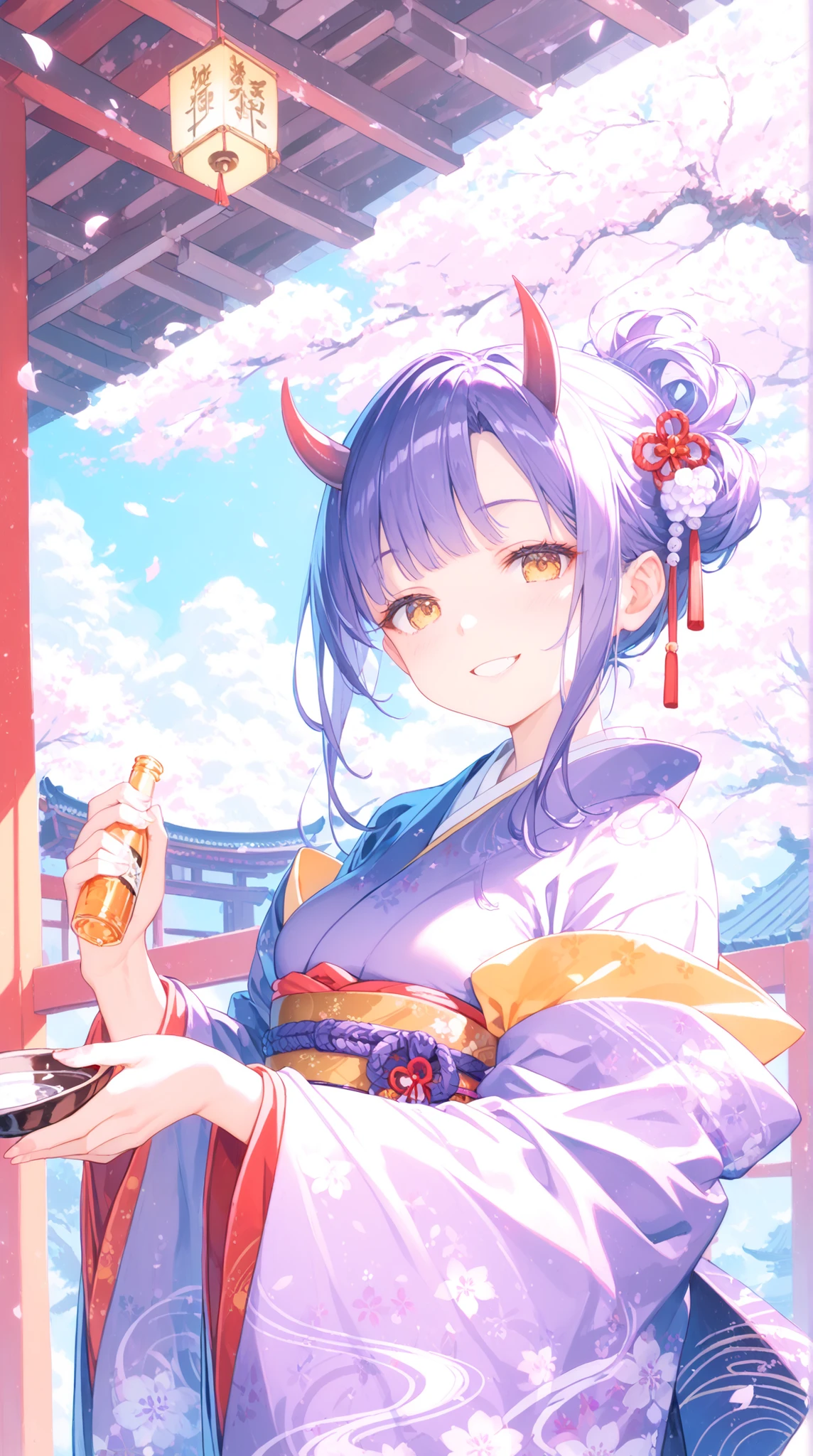 High Quality, masterpiece, ultra high res, Demon Girl with Purple Hair, with golden eyes, small horn, Glossy Japanese Clothes, revealing kimono, plump figure, Woman holding a liquor bottle, bewitching smile, under the cherry tree, Moonlight, fantastic Japanese background, Mysterious Atmosphere, Traditional Japanese Style Design, Delicate Details, vivid color contrast, original character