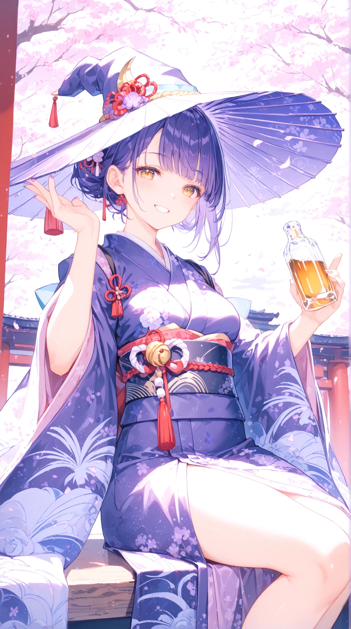 High Quality, masterpiece, ultra high res, Demon Girl with Purple Hair, with golden eyes, small horn, Glossy Japanese Clothes, revealing kimono, plump figure, Woman holding a liquor bottle, bewitching smile, under the cherry tree, Moonlight, fantastic Japanese background, Mysterious Atmosphere, Traditional Japanese Style Design, Delicate Details, vivid color contrast, original character