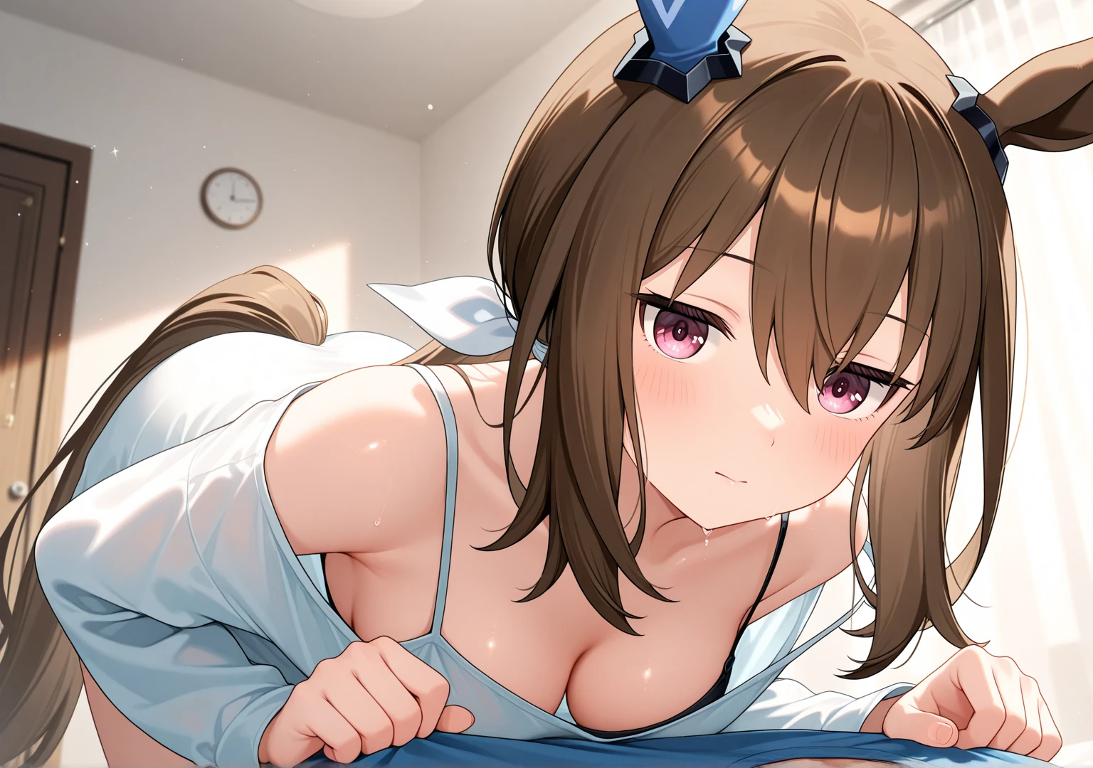 score_9, score_8_up, score_7_up, , source_anime , best quality, masterpiece, 1girl , , ,completely ????, hetero, hanami ume, brown eyes, brown hair,medium hair, hair bun,ahoge,, cardigan,dress shirt,layered skirt,white thighhighs,, virginal,???, straddling ,????????????????,,  embarrassed , blush, grabbing knees ,??????,, ??????,?????,pov,smile,