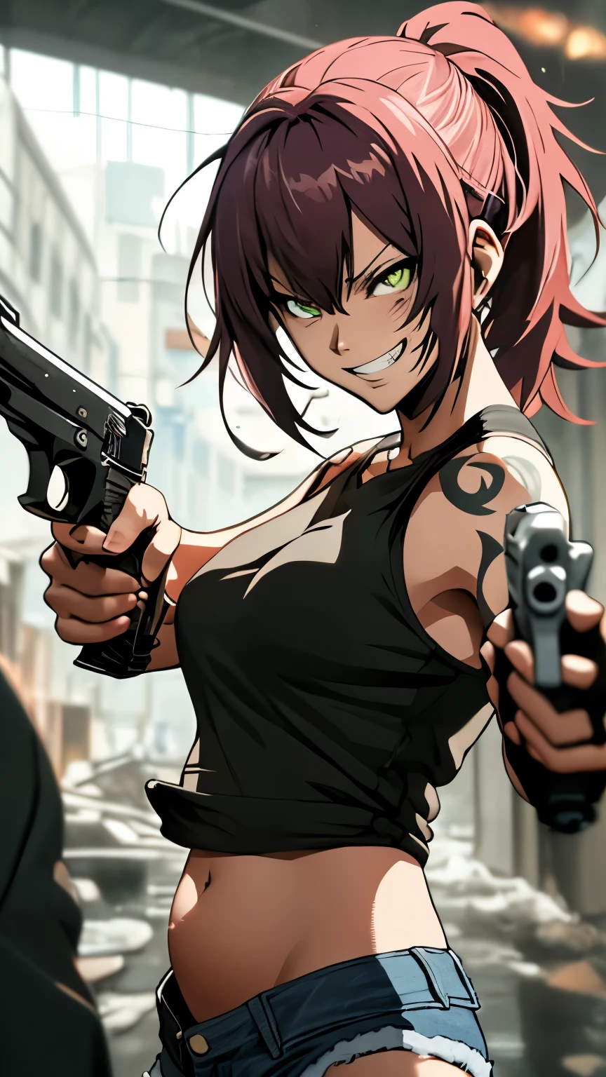 masterpiece, best quality, very aesthetic, movie quality, depth of field,soft saturation, focused subject, anime screenshot, anime coloring,official style, Revy main outfit, Revy (character), 1girl, solo shoulder holster, revy (black lagoon), burgundy hair, ponytail, amber eyes, tattoo,holster, ((black tank top)), ((denim shorts)), ((belly button)), ((holding beretta 92)), ((holding two pistols in both hands)), ((holding two pistols in both hands)), BREAK, (((evil grin))), (((dynamic pose))), (((looking at viewer)))