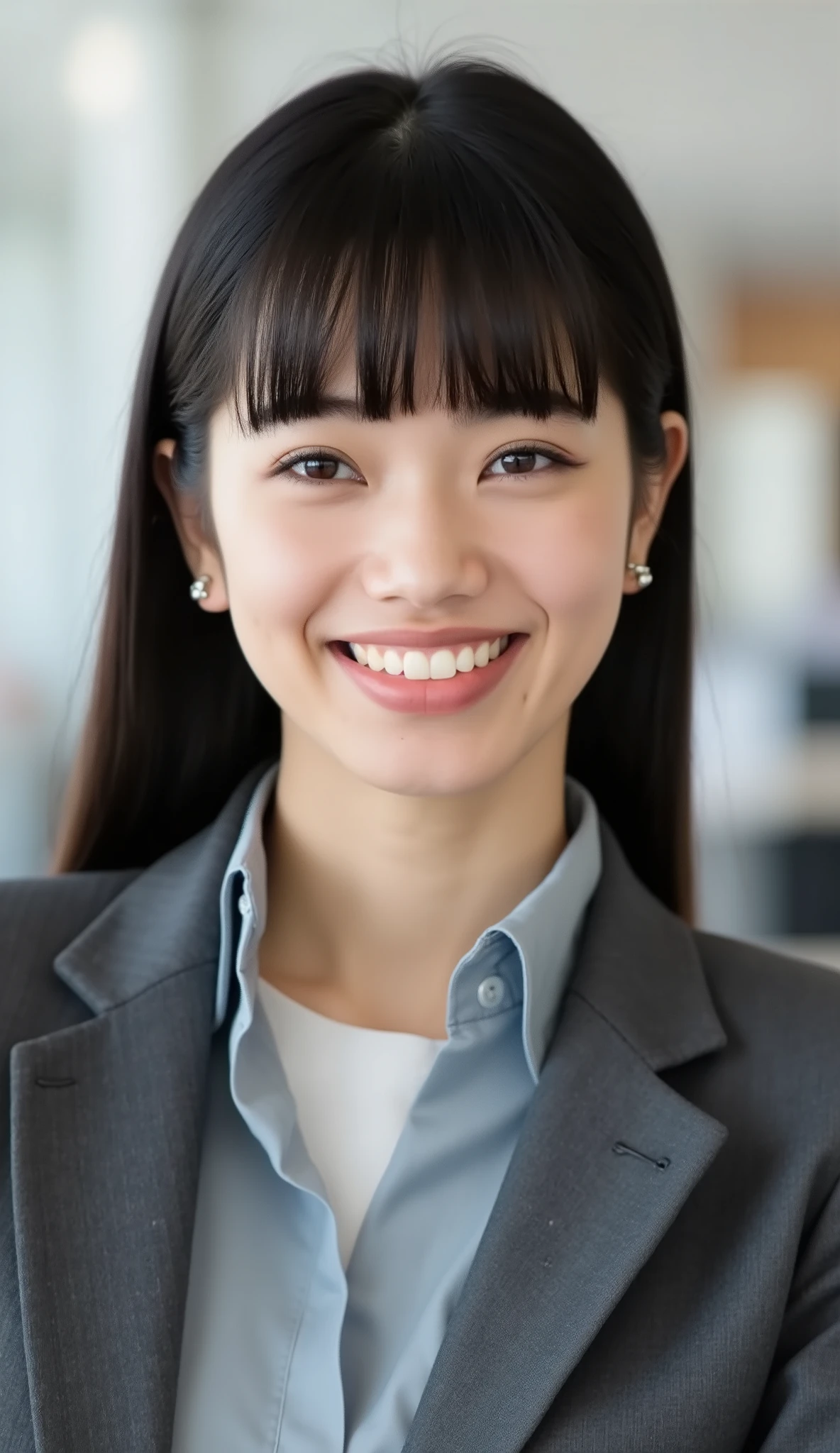 Neat Young Woman、looking at the camera、office lady suit、jacket、shirt、耳にピアス、、、歯を見せた笑顔、、、face close-up、The background is office
