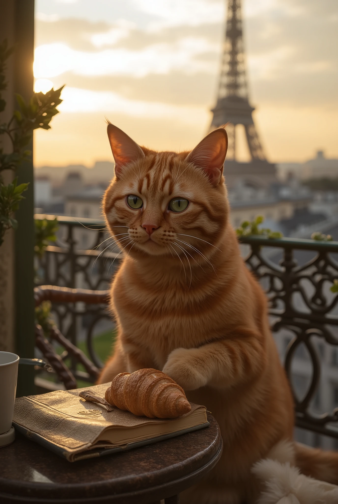 Cover photo for a glossy magazine, a perfect shot. A ginger tabby cat with bright emerald green eyes and an intelligent gaze is sitting on an ornate Parisian-style balcony (French balcony). Behind the cat, a view of the Eiffel Tower and Parisian rooftops during the golden hour. A cup of unfinished coffee and a croissant are on the small table. The cat is resting its paw on a vintage leather-bound book. The atmosphere is cozy, romantic, and elegant. **Shot details and specifications:** - **Style:** Highly detailed photography, shallow depth of field, cinematic lighting. - **Composition:** Rule of thirds, the cat is off-center to the left, the view of the tower is on the right. - **Lighting:** Golden hour, soft warm side lighting, creating long shadows and highlighting the fur's texture. - **Camera & Lens:** Full-frame camera, 85mm portrait lens at f/1.8. - **Settings:** f/1.8, ISO 100, shutter speed 1/200s. - **Render:** Photorealistic, ultra-detailed, sharp focus. - **Atmosphere:** Coziness, Parisian charm, a touch of melancholy.