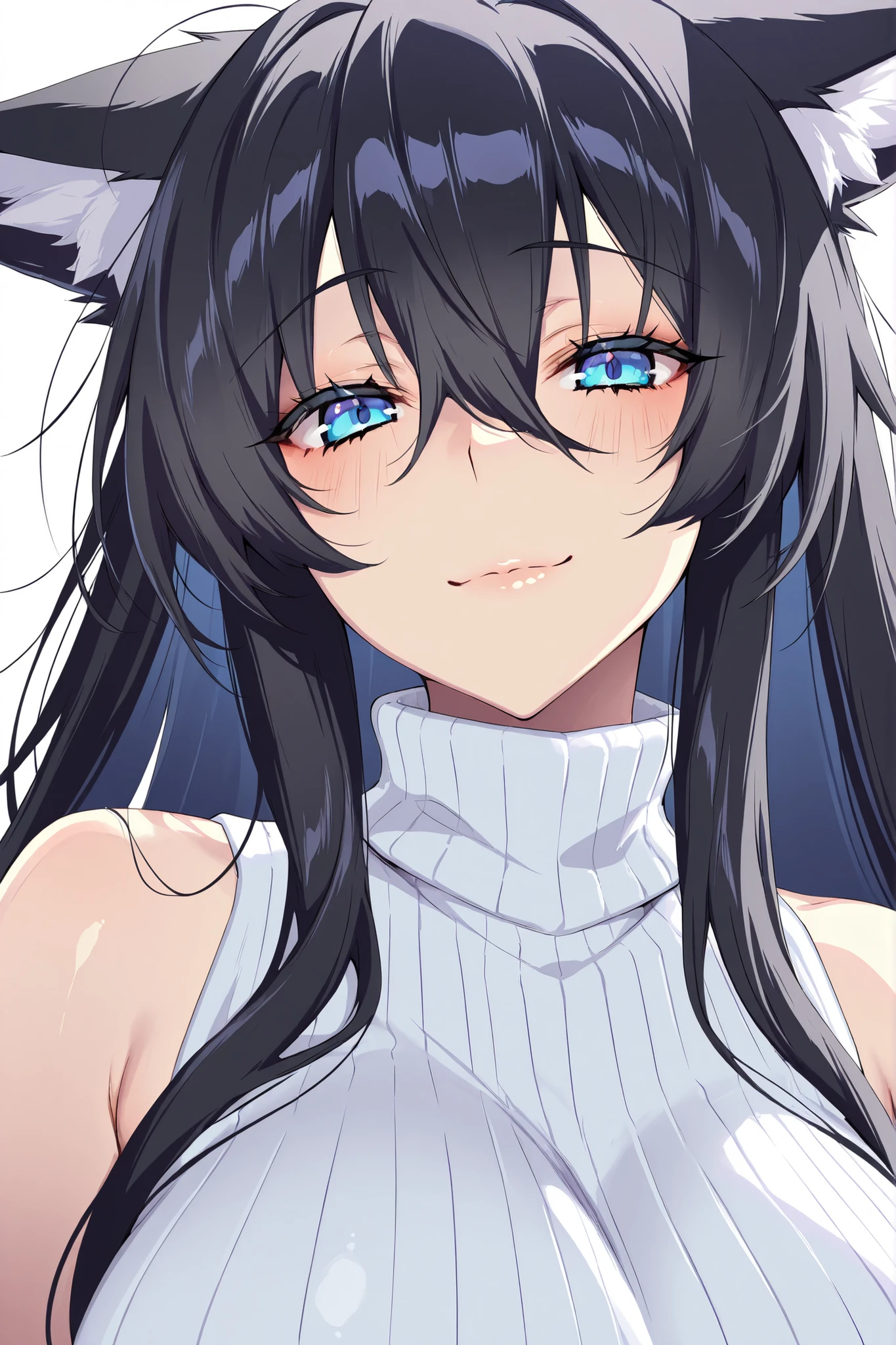 1girl, solo, anime girl, onee-san, masterpiece, gentle expression, closed mouth, faint smile, eye highlight, very long hair, extra long hair, messy hair, black hair, no hairpin, perky fox ear, fox ear, fox girl, blue eyes, big breast, white sleeveless turtleneck, half body, looking at viewer, waiting for kiss, moist skin, close up, soft light, simple background, white background, high detail, highres, detailed eyes, perfect composition, intricate details, detailed and polished anime style, 4K, 8K, puu no puupuupuu, puuzaki puuna.