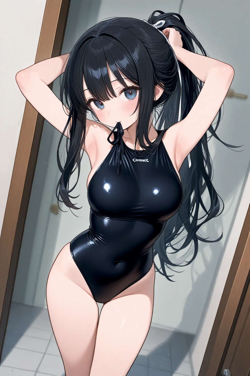 adulto, Cabello ????? ondulado, mirada penetrante con ojos profundos de color rojo, estatura promedio, Silky hair with a ponytail hairstyle collected with a red bow with two white lines, tiene pechos medianos, primer plano, session, standing in the middle of his room [[[Risa malvada]]] , Sonrojada, muslos grandes, falda corta color negra, blusa corta de tirantes blanca, black one piece swimsuit, orejas de conejo, medias, swimsuit ????????
