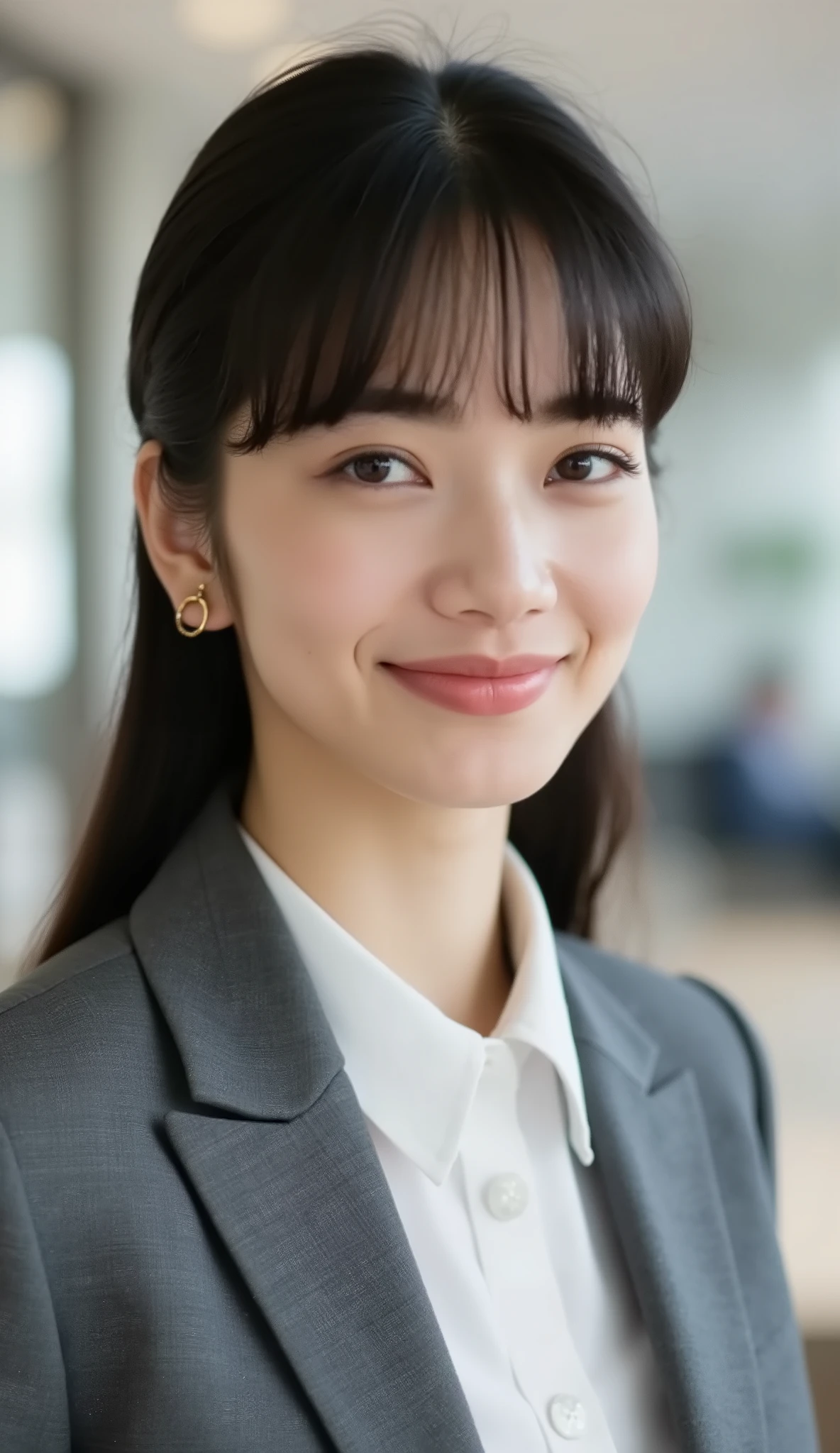Neat Young Woman、looking at the camera、office lady suit、jacket、shirt、耳にピアス、、、僅かに微笑む、、face close-up、The background is office
