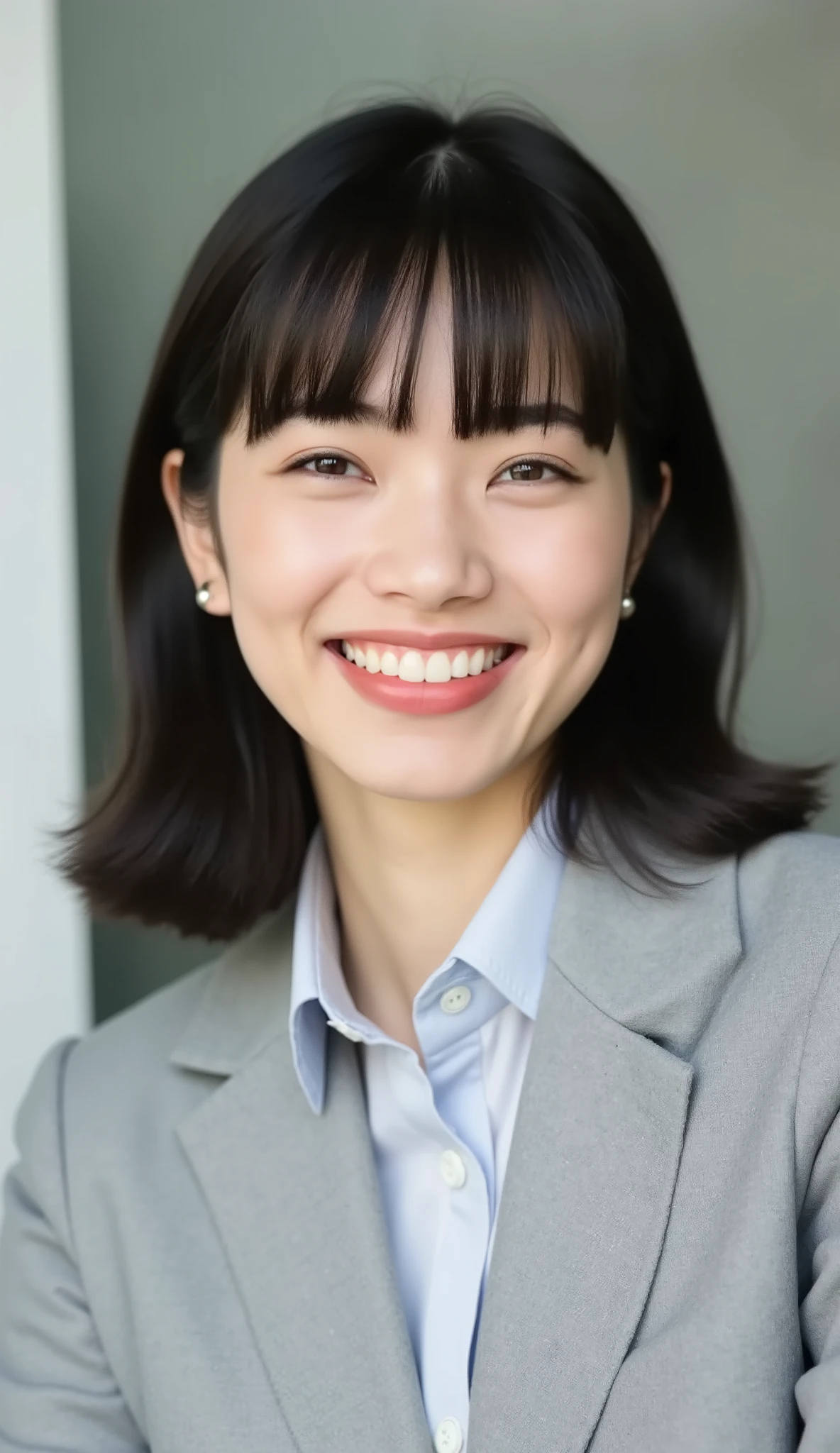 Neat Young Woman、looking at the camera、office lady suit、jacket、shirt、耳にピアス、、、歯を見せた笑顔、、、face close-up、The background is office
