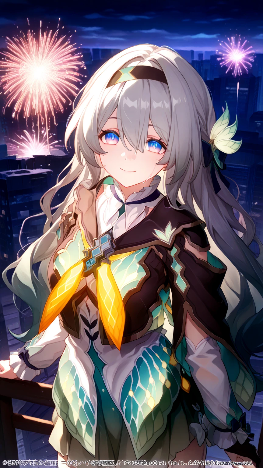(masterpiece, best quality:1.2), 1 girl,Blue-pink gradient pupils，Brown and light teal，silver long hair，White·，sit，looki at viewer，（（（ ears）））（（（maid outfit）））（（（fireworks）））fireworks，night，night，sea