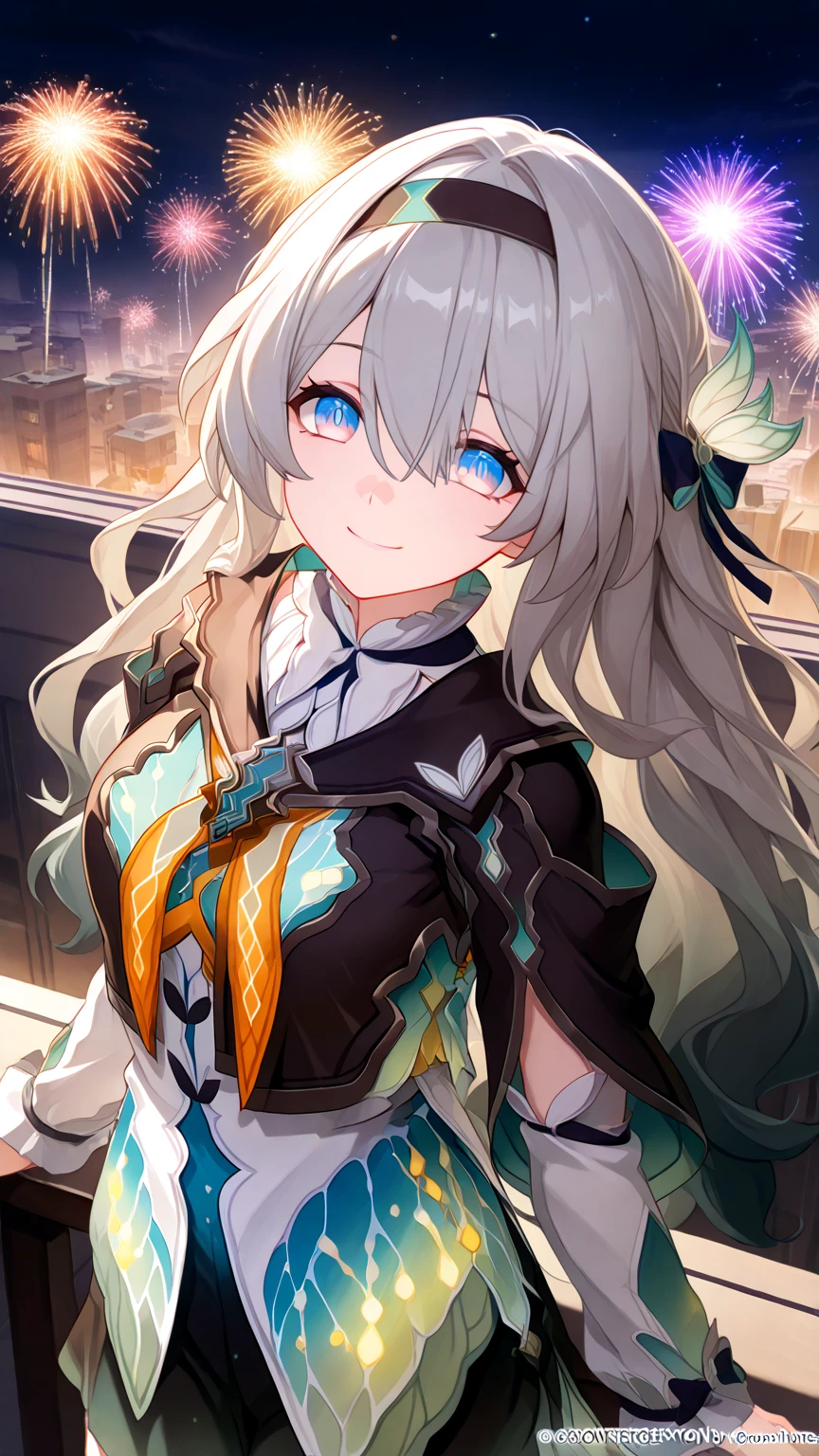 Anime girl with long white hair and blue eyes standing on a skyscraper ...