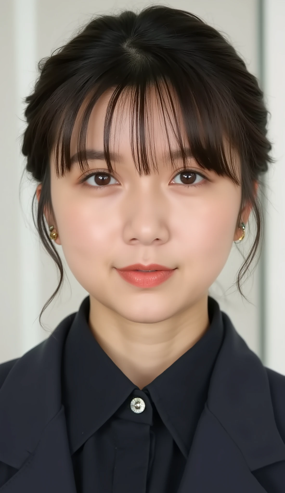 Neat Young Woman、looking at the camera、office lady suit、jacket、shirt、耳にピアス、、濃いアイメイク、、僅かに微笑む、face close-up、The background is office