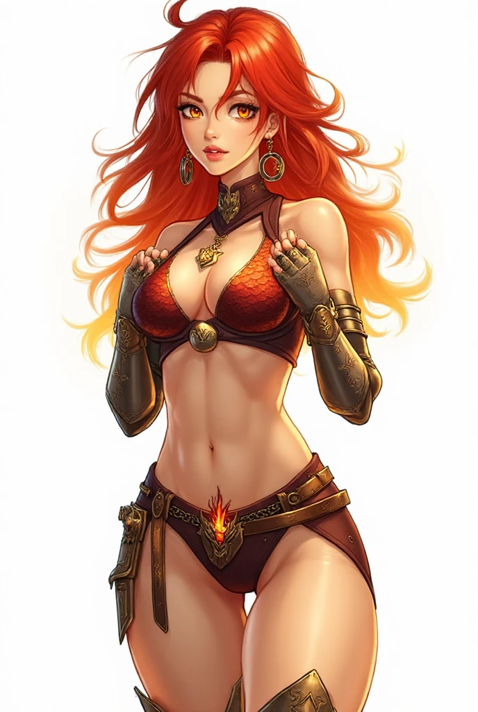 ((mythological being enchanted humanoids)),((????? girl)) ((?????????????) red body, orange eyes, red hair, fire being, high quality 3d image close up, serious, looking at the camera, with a crown, and a diamond sword in her hand, masterpiece, high detail, ??????? exposed, ?????????????, in the forest, midriff exposed, standing, in the background a village