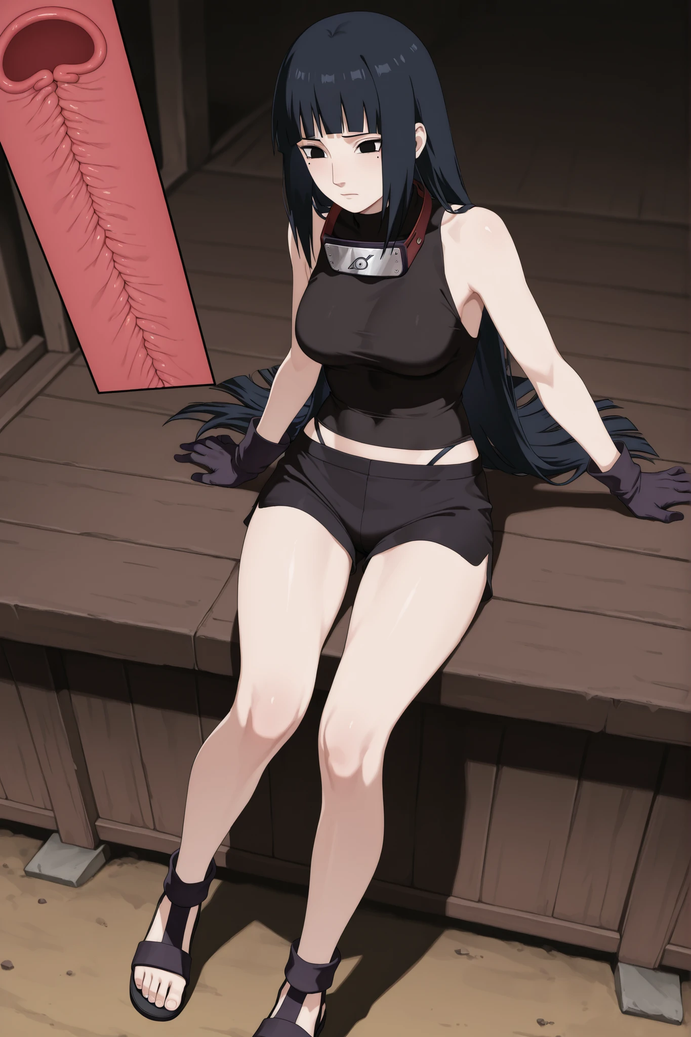  long black hair with straight bangs like Hinata's, a red lock on a part of the fringe and in a section of the hair, black eyes in the shape of Itachi, a dot under her left eye, um rosto angelical, she wore a short black sleeveless turtleneck with the symbol of the Uchiha,  Konoha headband around the neck, She wore tight black shorts, a slit black ninja thong that went up to the ankles but was completely open on both sides, a thigh-length black sandal, gloves that went even after the elbows but with the fingers showing. Corpo curvilineo. 