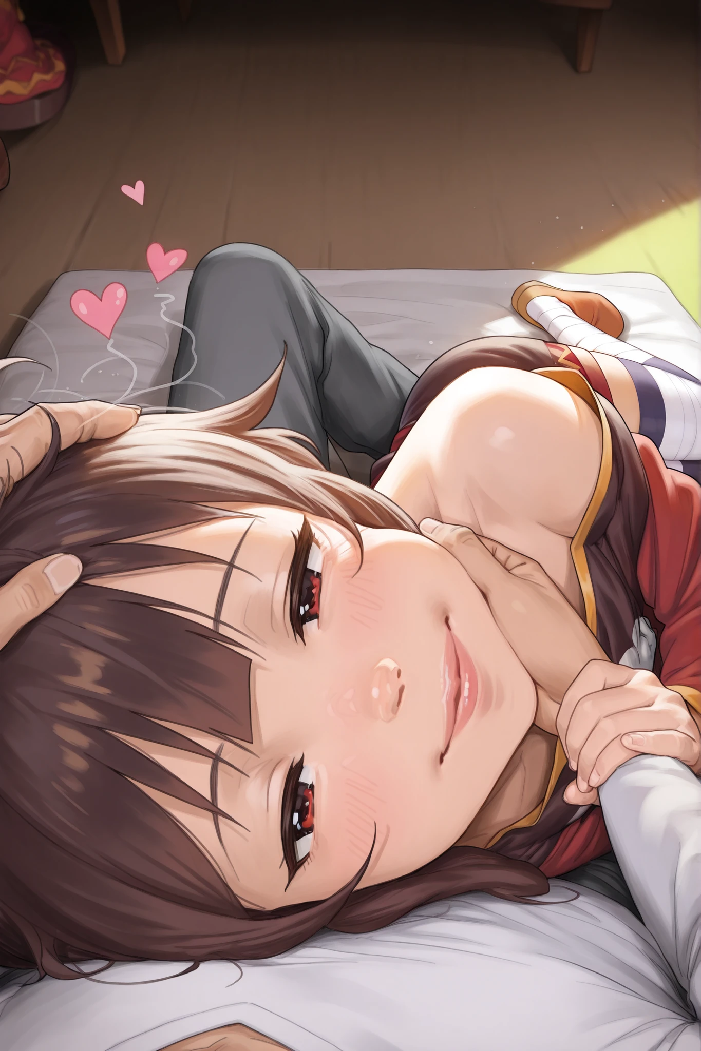 1loli, on side, lying, from side, resting head, sleepy face, happy, lips, megumin(konosuba), cat cosplay, resting on chest, lean back, looking at viewer, head on pov chest, snuggle, flirt, romantic atmosphere, happy, hearts, cozy, male pov, povoverShoulder, pov hands, pov arms, caressing. lying on lap, chin grab, rest, comfort, reach around, headpat, realistic, full body